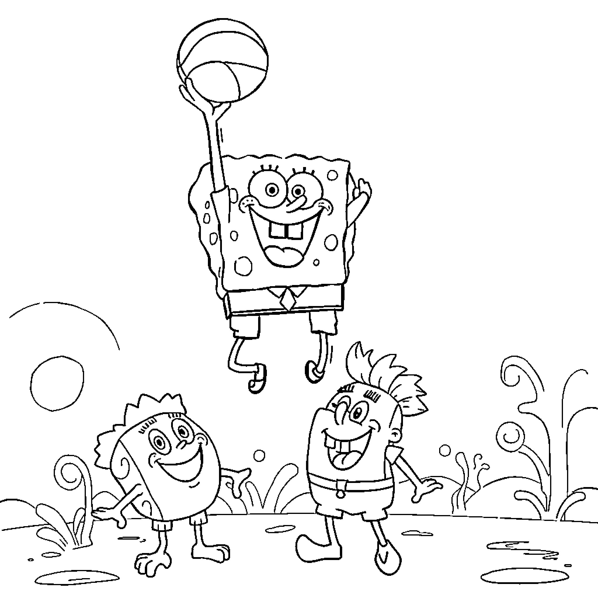 Spongebob and Patrick playing joyfully in the ocean Coloring Page (free black-and-white line drawing printable PDF for all, from beginners to advanced learners, including children, teens, adults, and seniors)