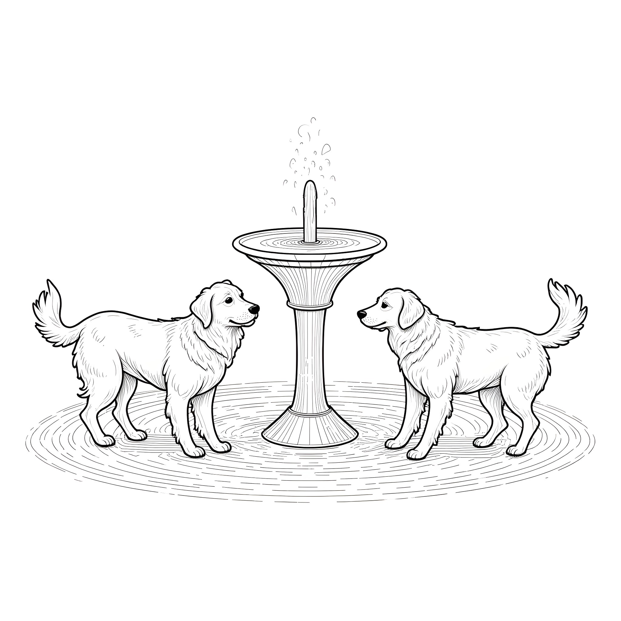 Dogs playing by a water fountain Coloring Page (free black-and-white line drawing printable PDF for all, from beginners to advanced learners, including children, teens, adults, and seniors)