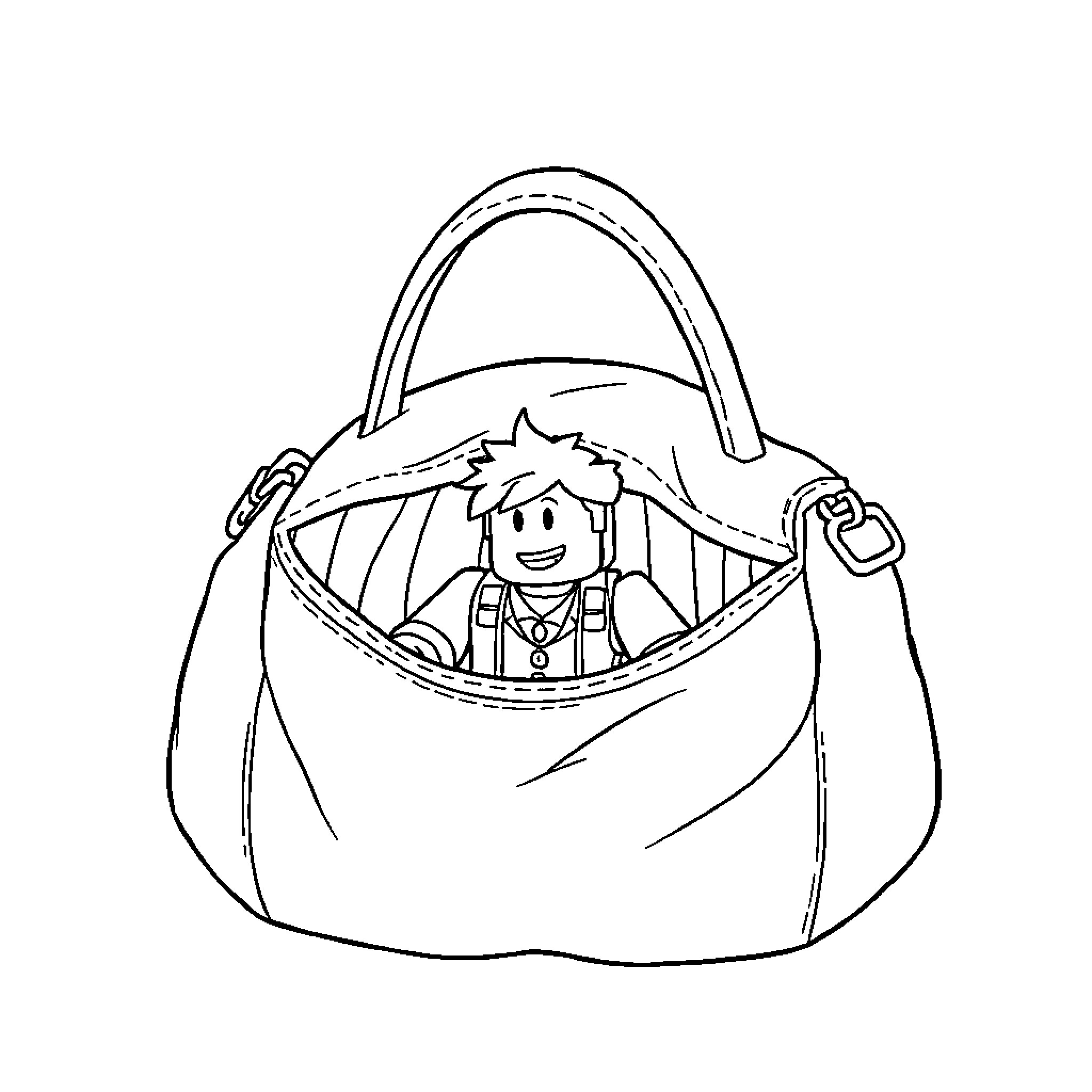 Roblox Character in a handbag Coloring Page (free black-and-white line drawing printable PDF for all, from beginners to advanced learners, including children, teens, adults, and seniors)