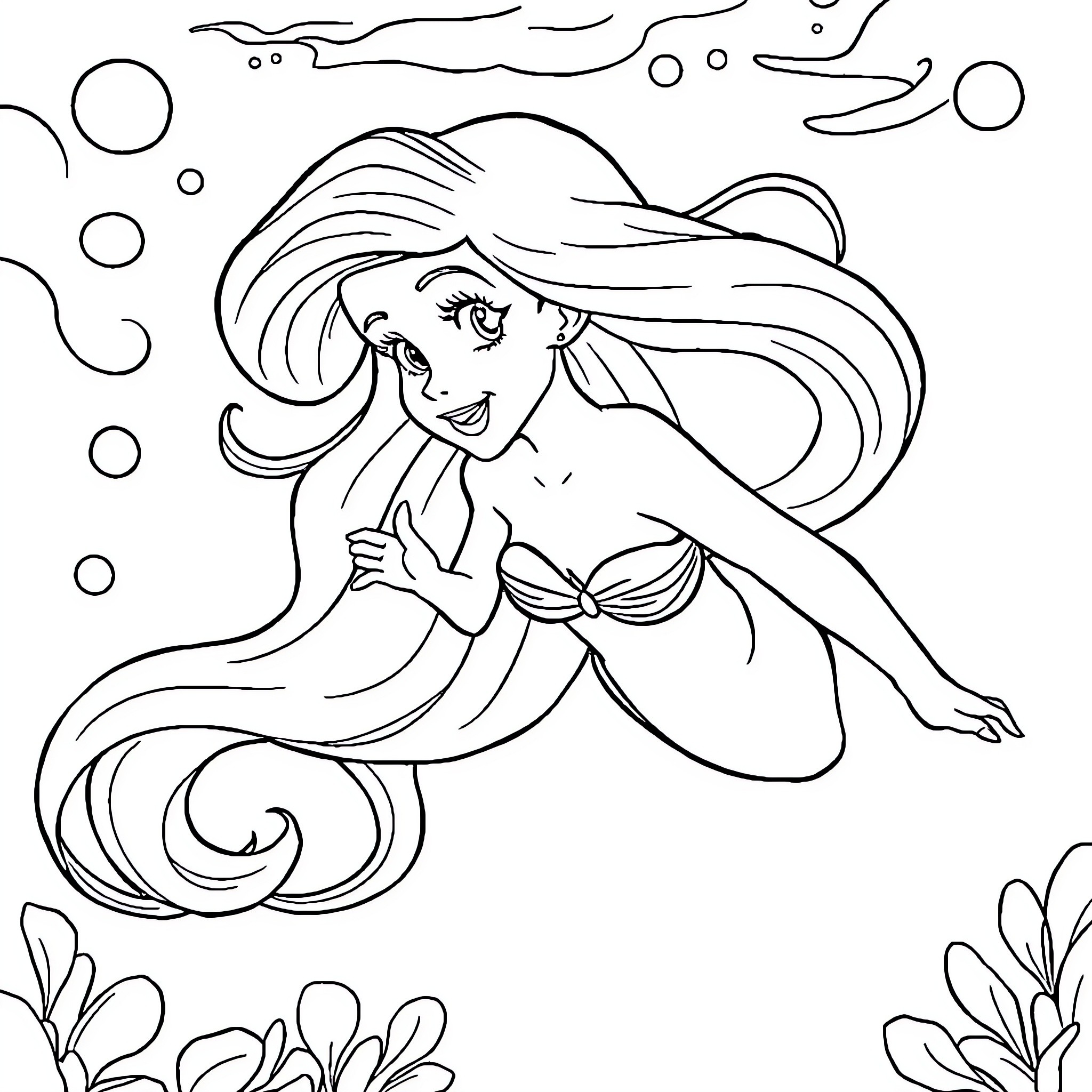 Ariel enjoying the underwater scene Coloring Page (free black-and-white line drawing printable PDF for all, from beginners to advanced learners, including children, teens, adults, and seniors)