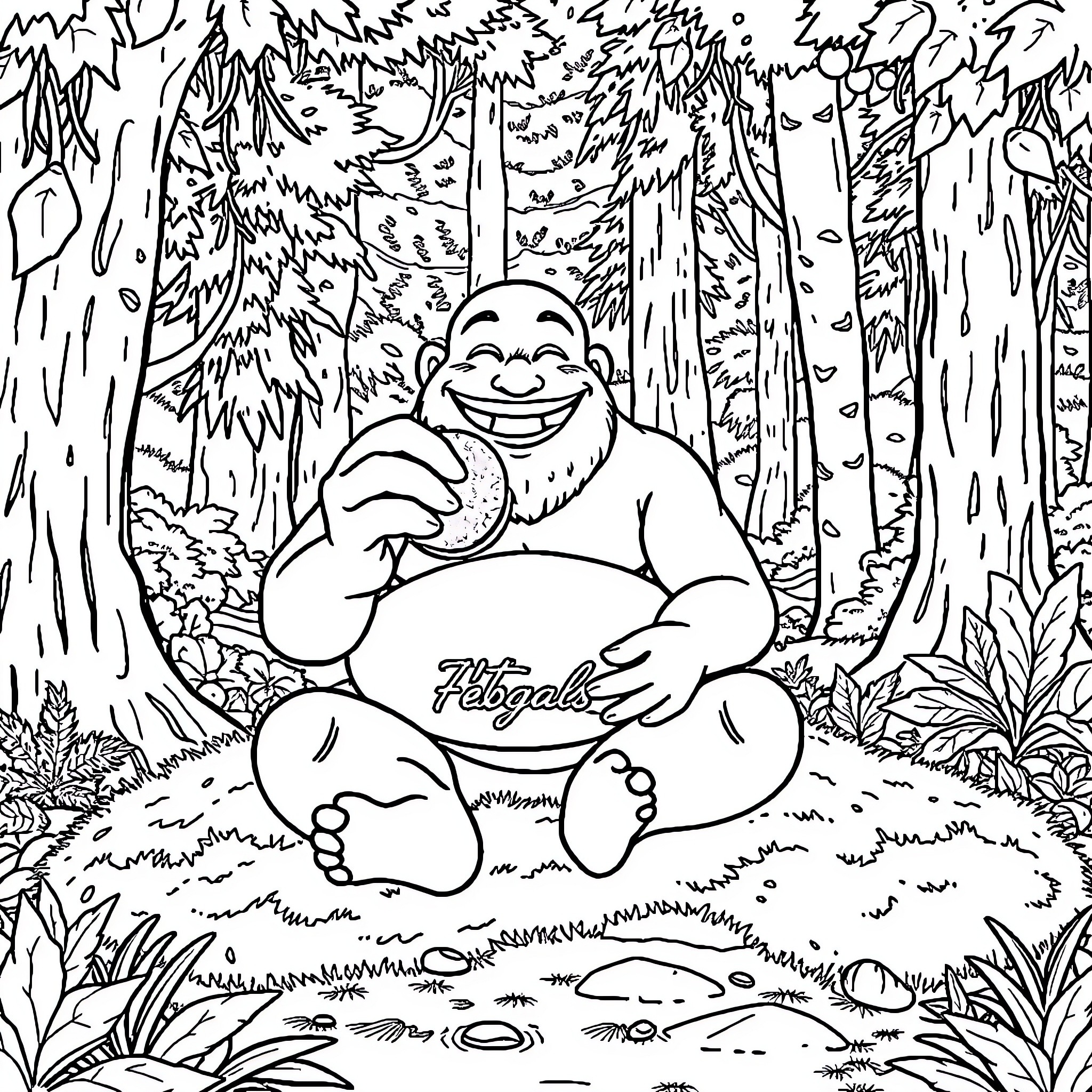 Vegan Bigfoot enjoying nature in the forest Coloring Page (free black-and-white line drawing printable PDF for all, from beginners to advanced learners, including children, teens, adults, and seniors)