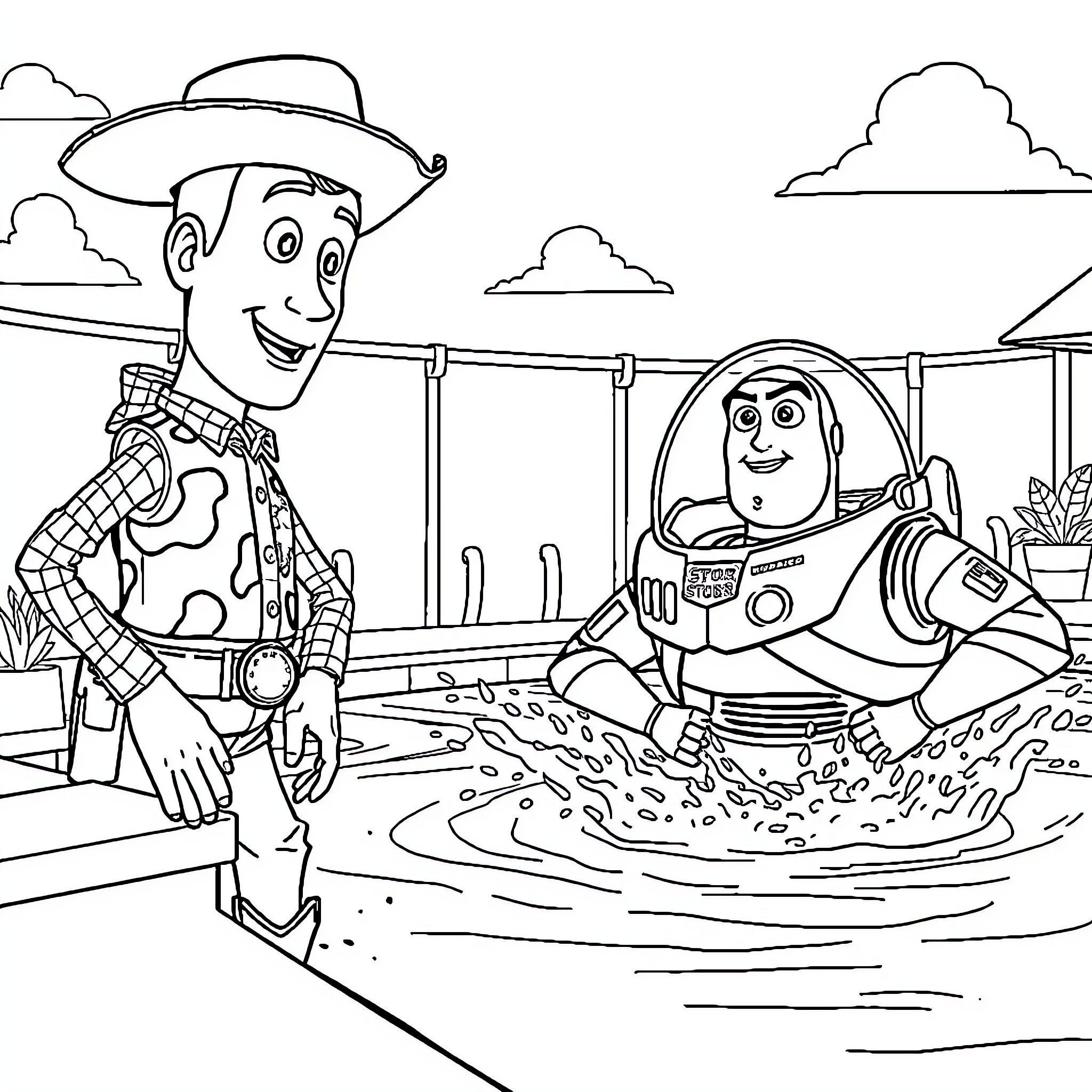 Toy cowboy and astronaut in imaginative outdoor scene Coloring Page (free black-and-white line drawing printable PDF for all, from beginners to advanced learners, including children, teens, adults, and seniors)