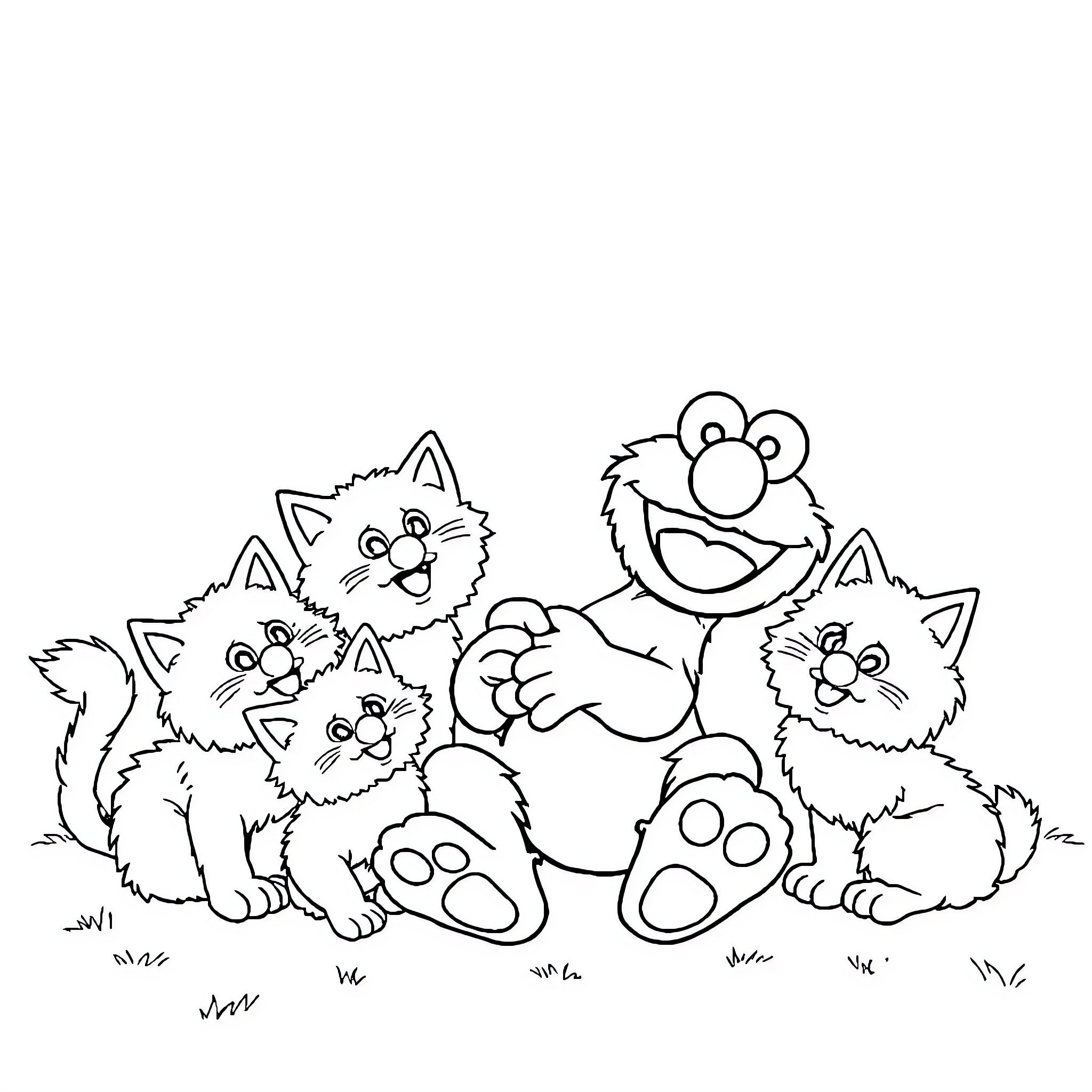 Elmo playing with adorable kittens in the grass Coloring Page (free black-and-white line drawing printable PDF for all, from beginners to advanced learners, including children, teens, adults, and seniors)