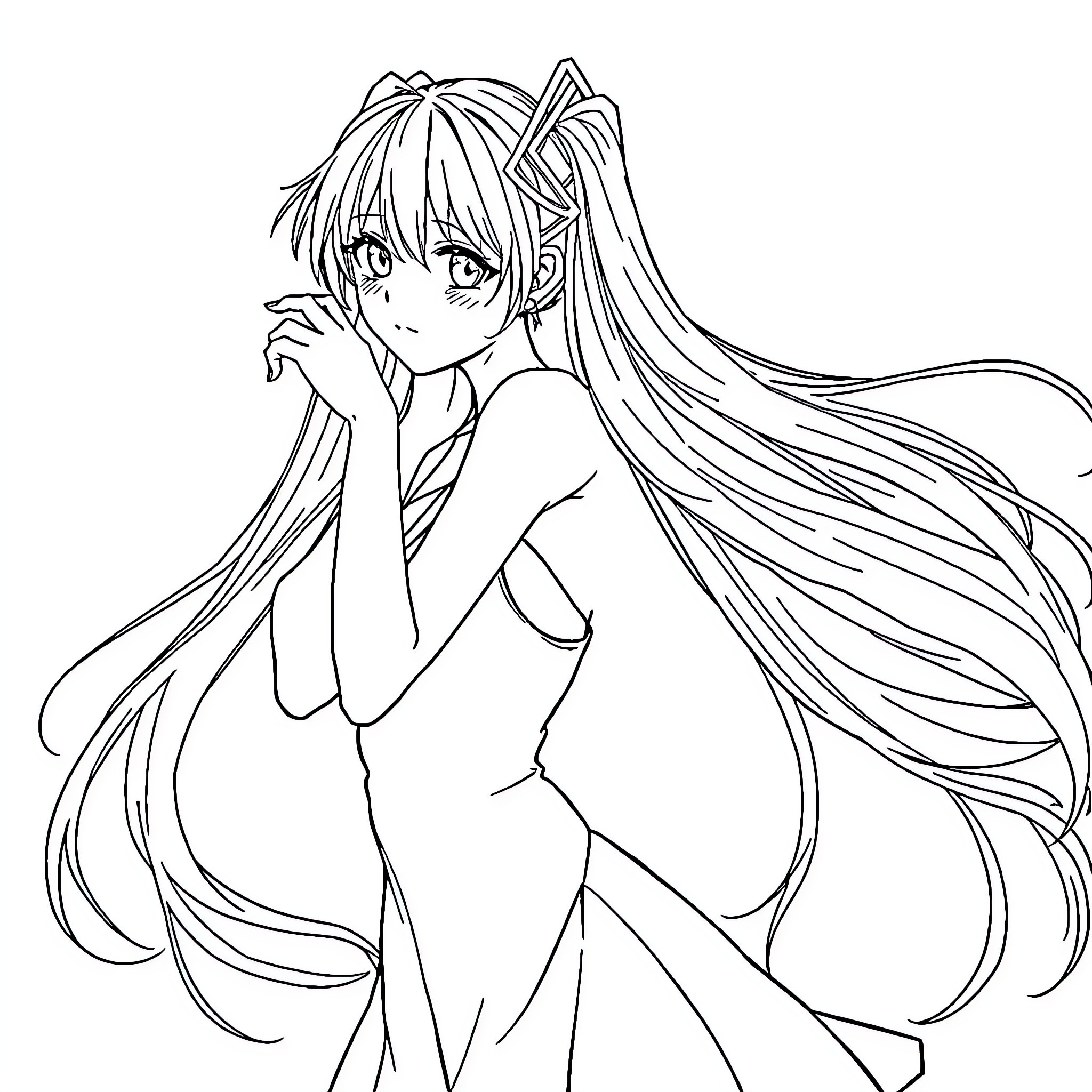 Miku in contemplative pose with flowing hair Coloring Page (free black-and-white line drawing printable PDF for all, from beginners to advanced learners, including children, teens, adults, and seniors)