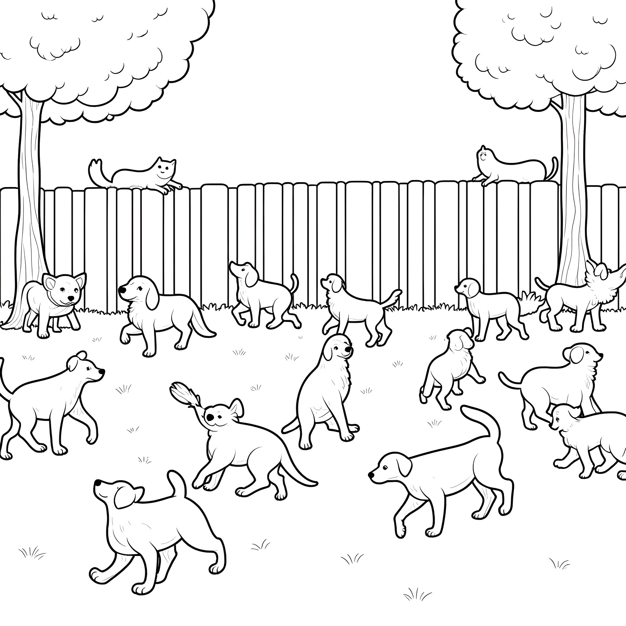 Dogs playing happily in the park Coloring Page (free black-and-white line drawing printable PDF for all, from beginners to advanced learners, including children, teens, adults, and seniors)