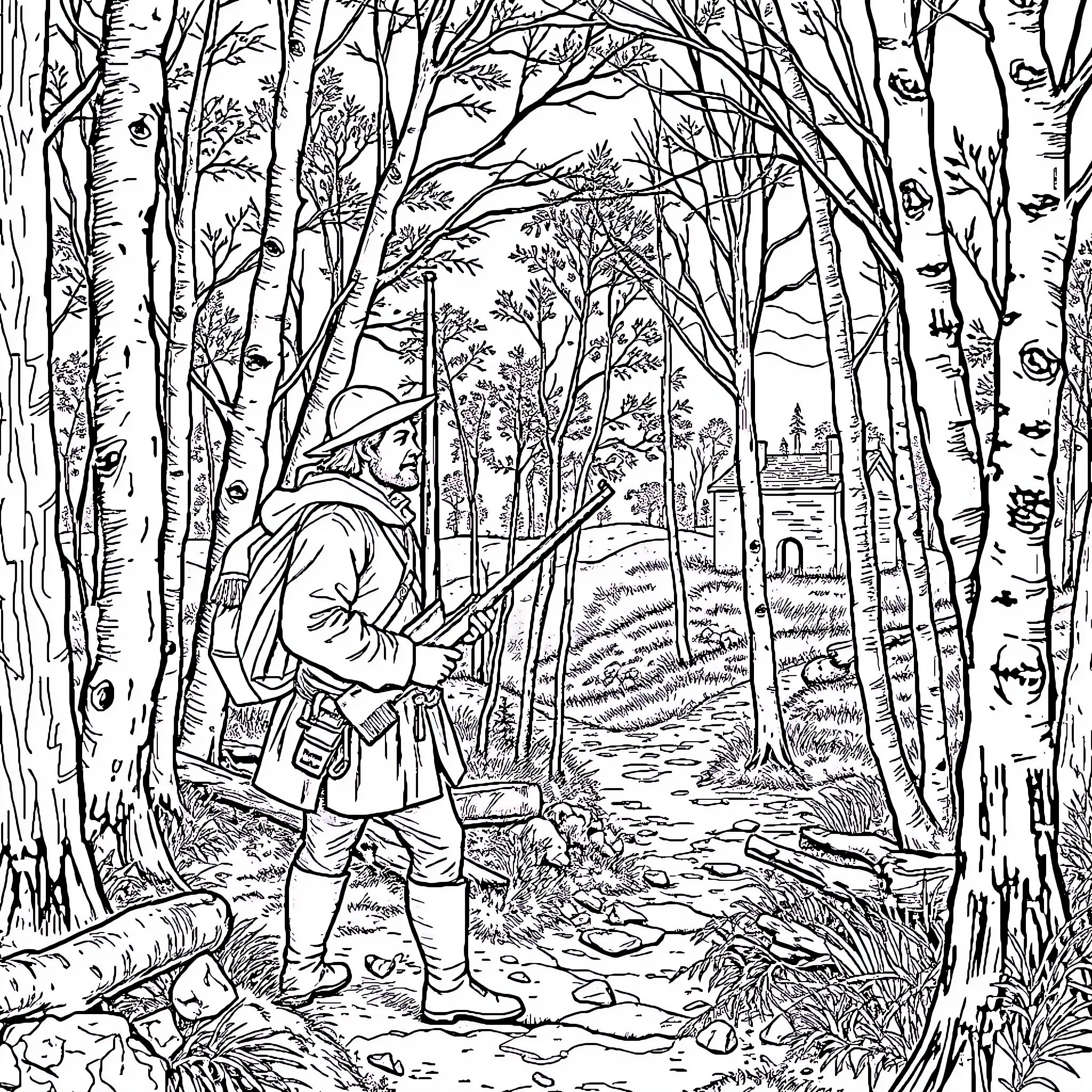 Robert Rogers exploring the forest with his rifle Coloring Page (free black-and-white line drawing printable PDF for all, from beginners to advanced learners, including children, teens, adults, and seniors)