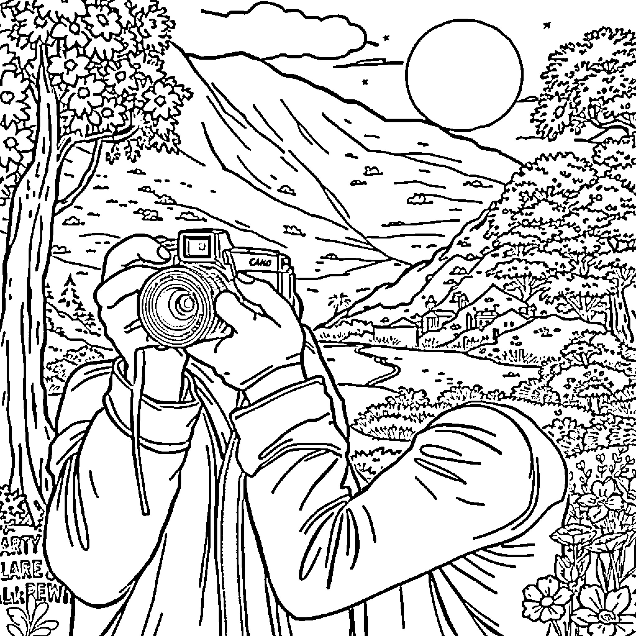 Photographer capturing natural scenery in the wilderness Coloring Page (free black-and-white line drawing printable PDF for all, from beginners to advanced learners, including children, teens, adults, and seniors)