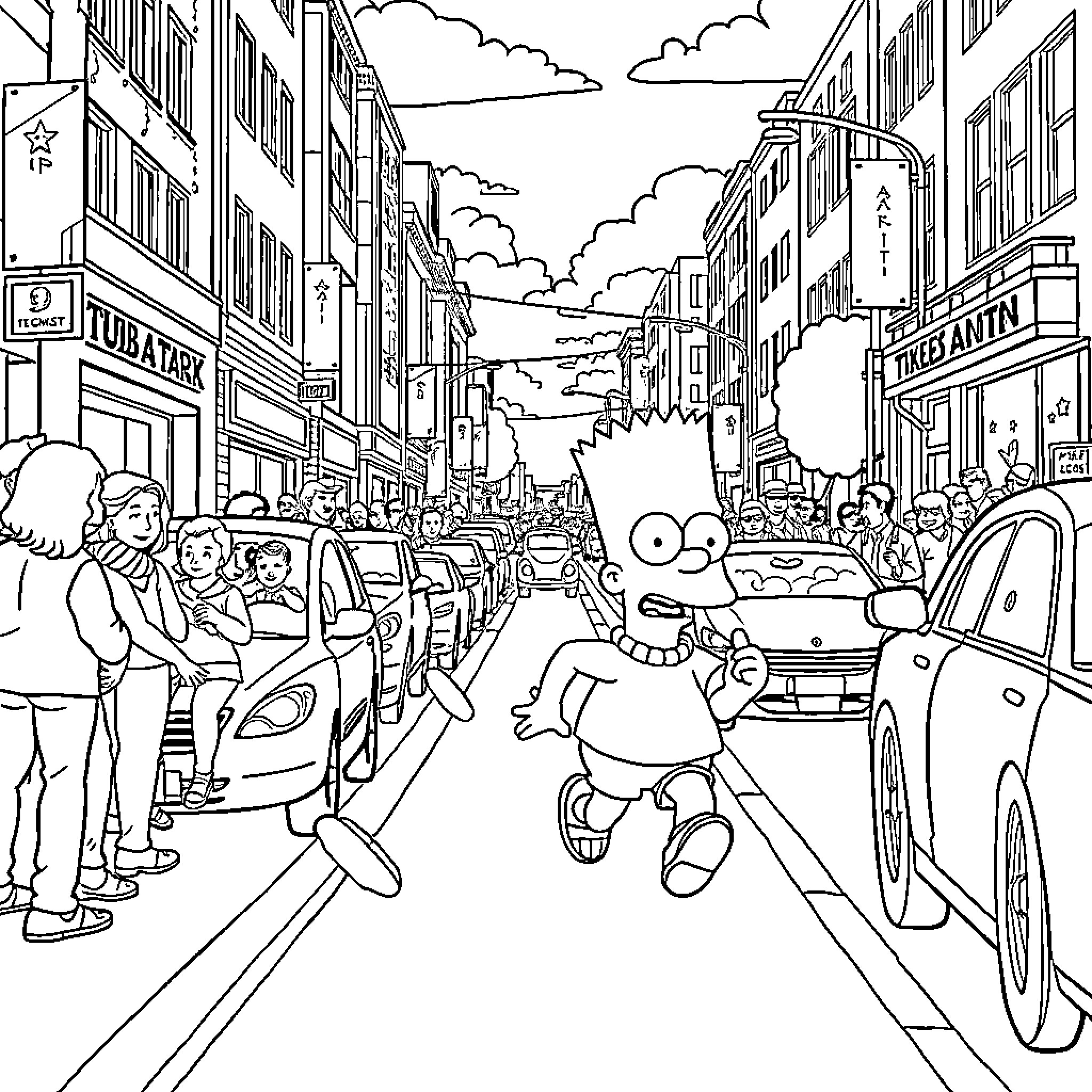 Homer runs amidst the bustling city streets Coloring Page (free black-and-white line drawing printable PDF for all, from beginners to advanced learners, including children, teens, adults, and seniors)