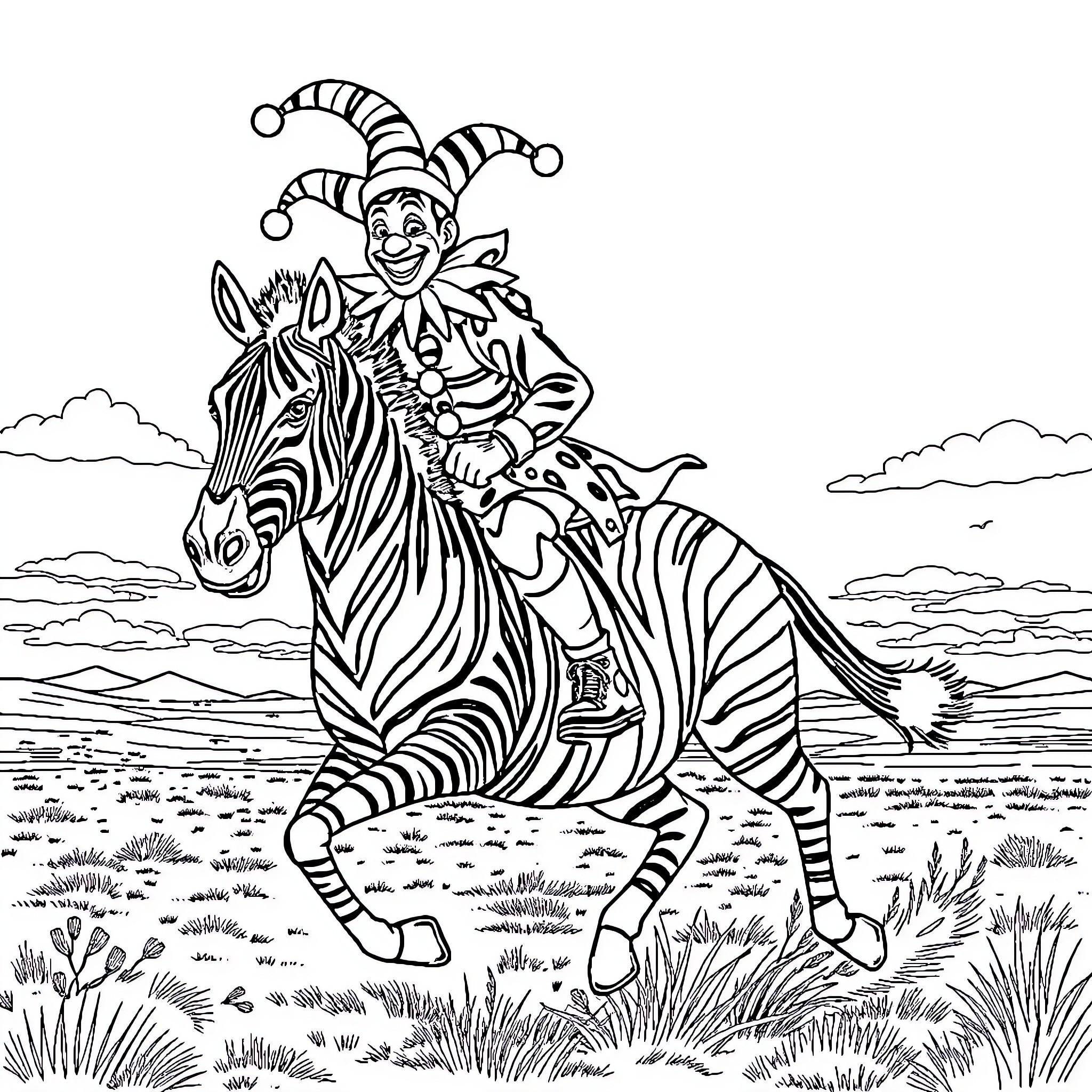 Clown riding cheerfully on a decorated zebra Coloring Page (free black-and-white line drawing printable PDF for all, from beginners to advanced learners, including children, teens, adults, and seniors)