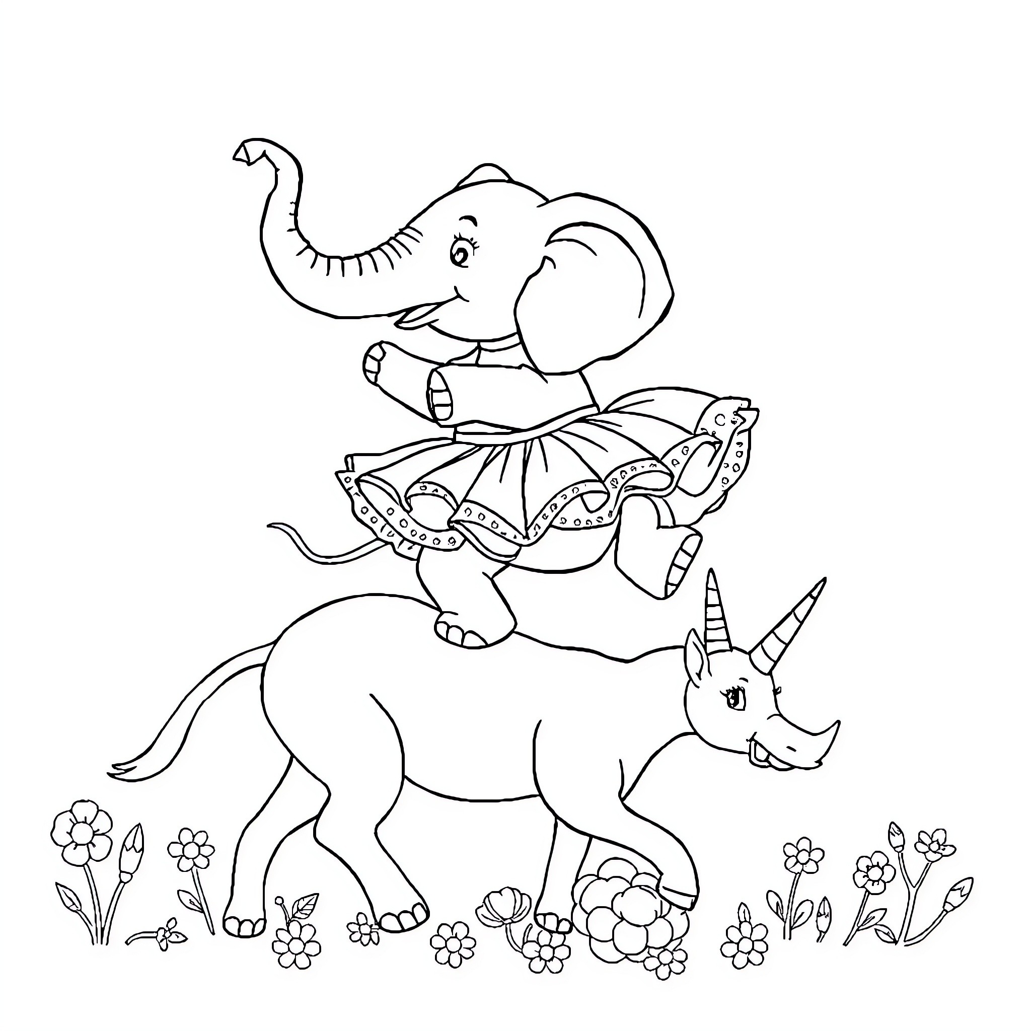 Elephant riding a unicorn in a flowery meadow Coloring Page (free black-and-white line drawing printable PDF for all, from beginners to advanced learners, including children, teens, adults, and seniors)