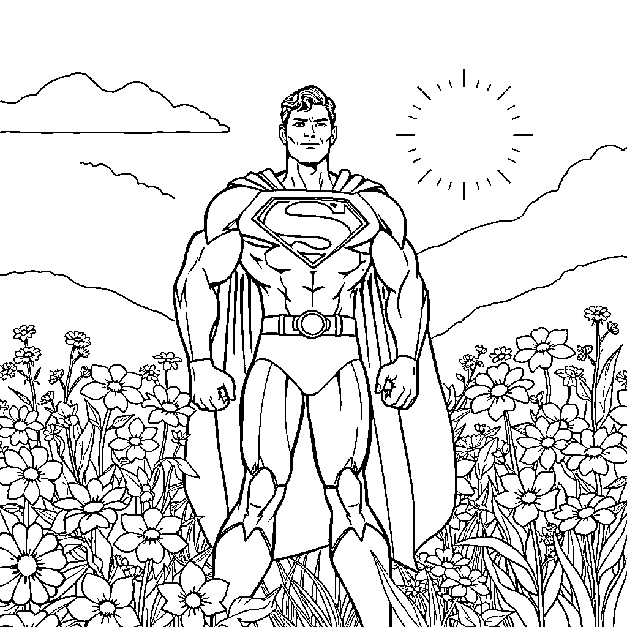 Superman standing tall in a floral field Coloring Page (free black-and-white line drawing printable PDF for all, from beginners to advanced learners, including children, teens, adults, and seniors)