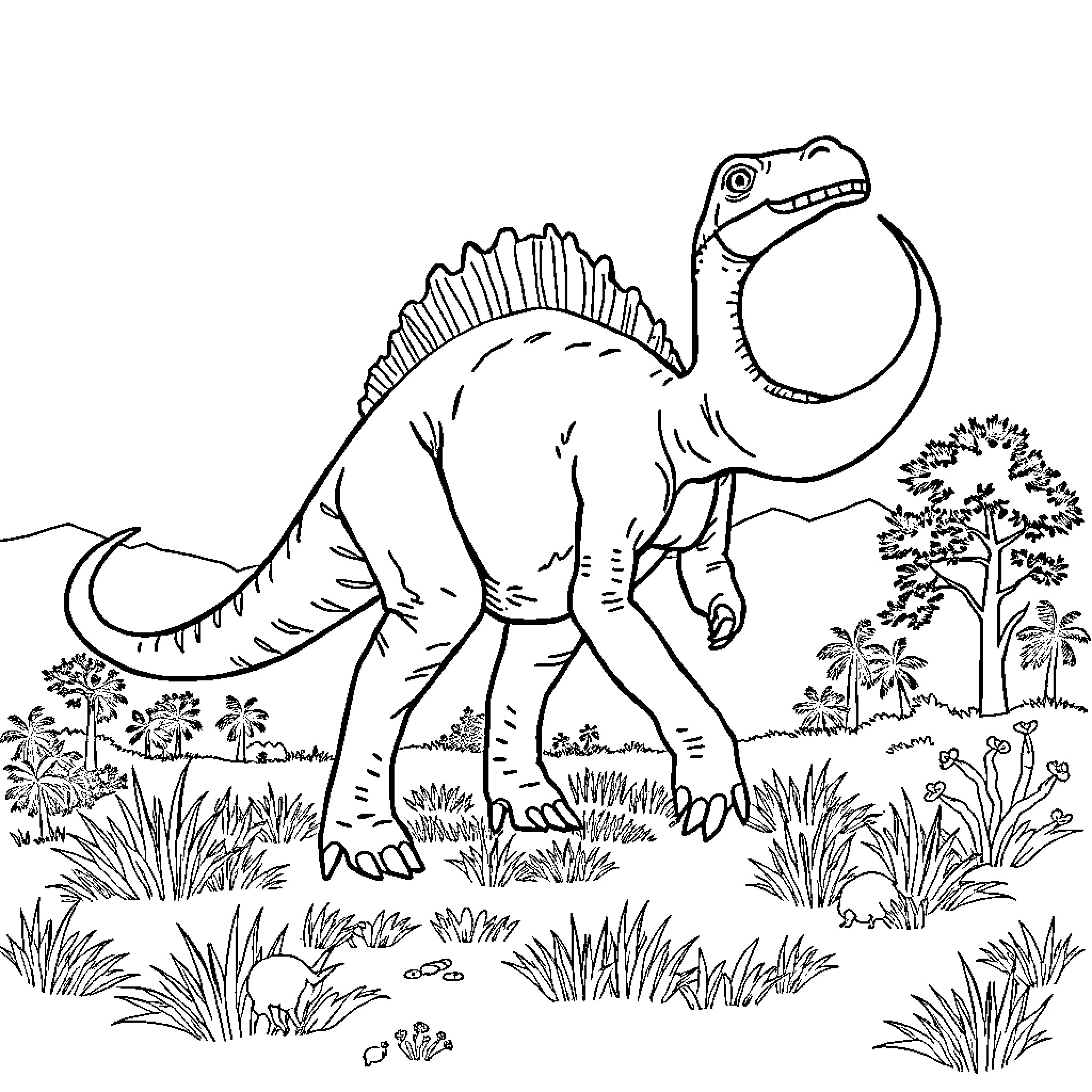 Mutuadon Prehistoric Dinosaur in Landscape Coloring Page (free black-and-white line drawing printable PDF for all, from beginners to advanced learners, including children, teens, adults, and seniors)