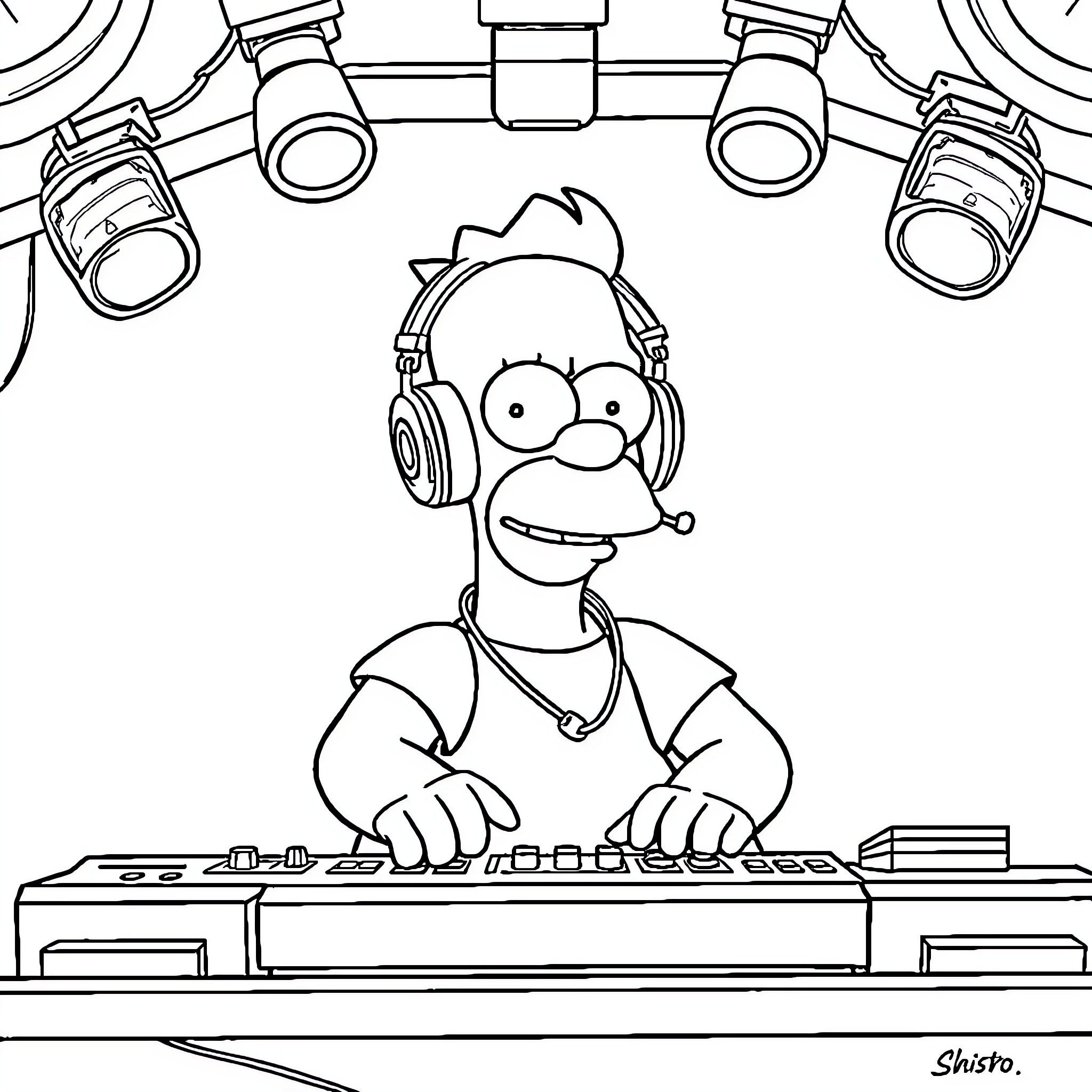 Homer Simpson mixing music in a studio Coloring Page (free black-and-white line drawing printable PDF for all, from beginners to advanced learners, including children, teens, adults, and seniors)