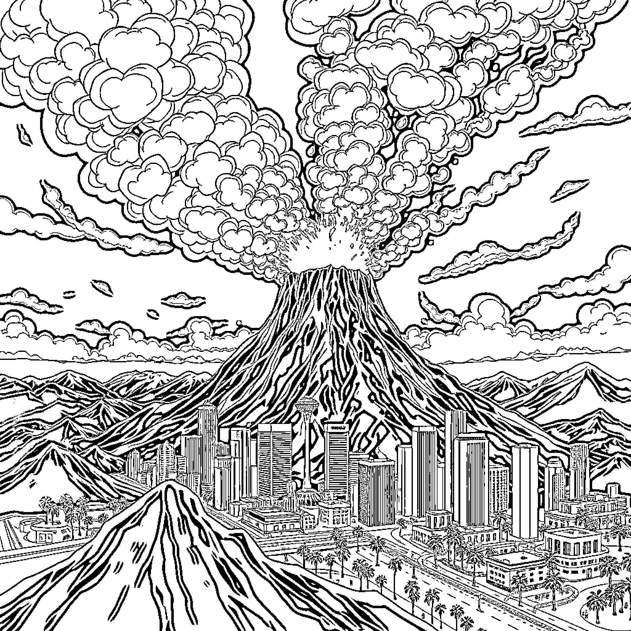 Volcano erupting over a city skyline Coloring Page (free black-and-white line drawing printable PDF for all, from beginners to advanced learners, including children, teens, adults, and seniors)