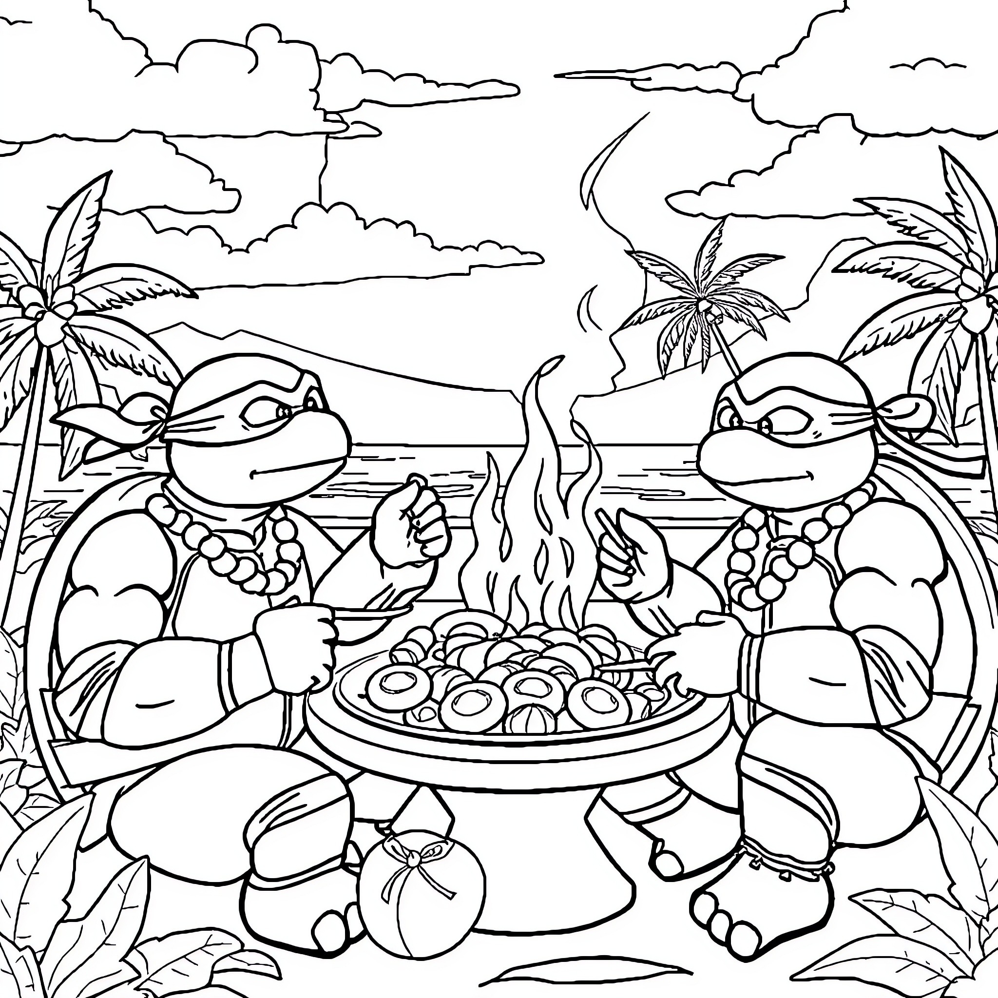 Ninja Turtles Enjoy Tropical Beach Feast Coloring Page (free black-and-white line drawing printable PDF for all, from beginners to advanced learners, including children, teens, adults, and seniors)