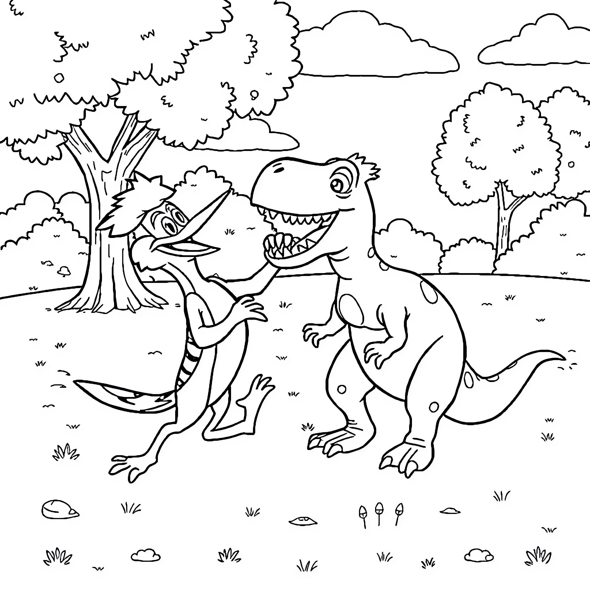 Woody Woodpecker chasing a mischievous dinosaur in the forest Coloring Page (free black-and-white line drawing printable PDF for all, from beginners to advanced learners, including children, teens, adults, and seniors)
