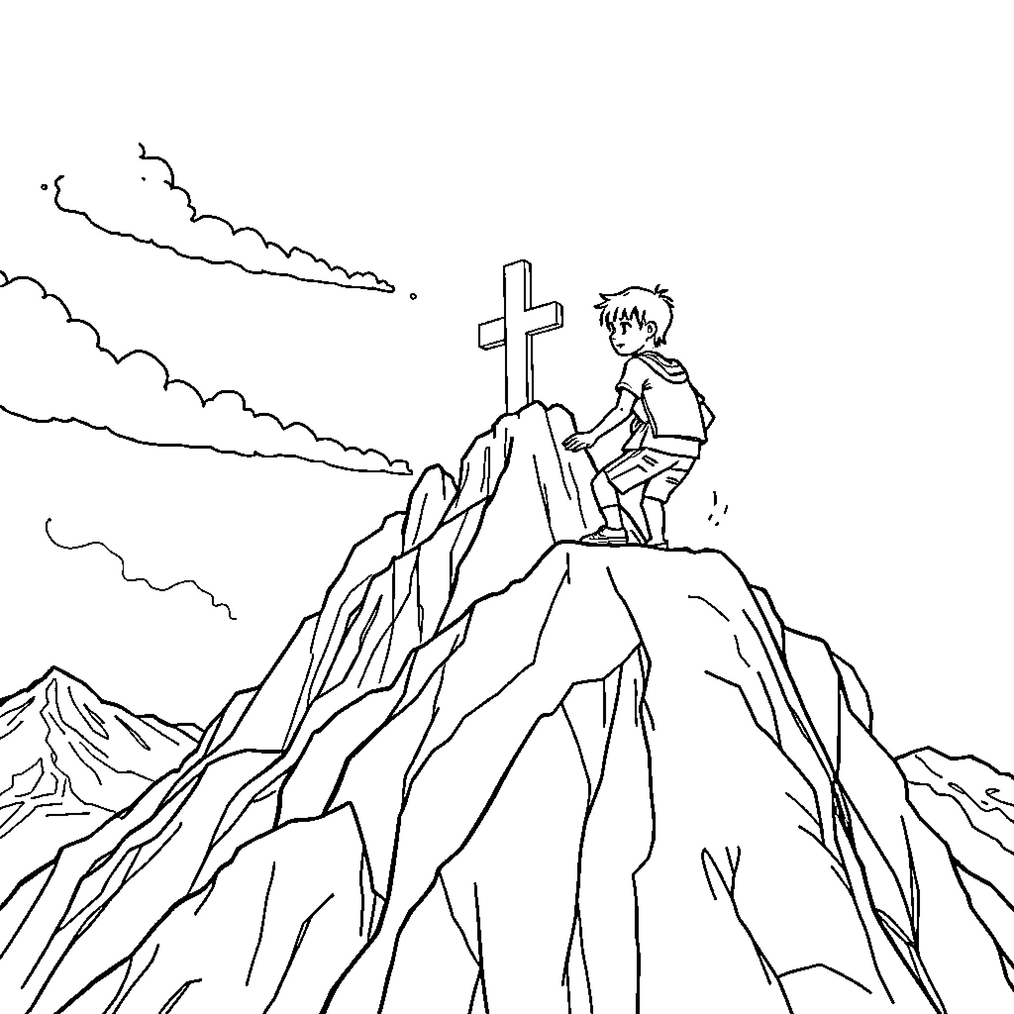 Niño contemplating a cross on a mountain peak Coloring Page (free black-and-white line drawing printable PDF for all, from beginners to advanced learners, including children, teens, adults, and seniors)