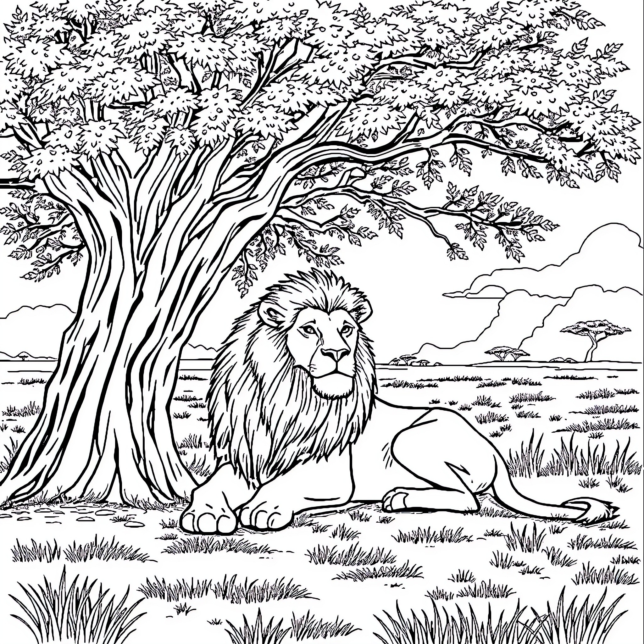 Lion resting peacefully in serene wilderness Coloring Page (free black-and-white line drawing printable PDF for all, from beginners to advanced learners, including children, teens, adults, and seniors)