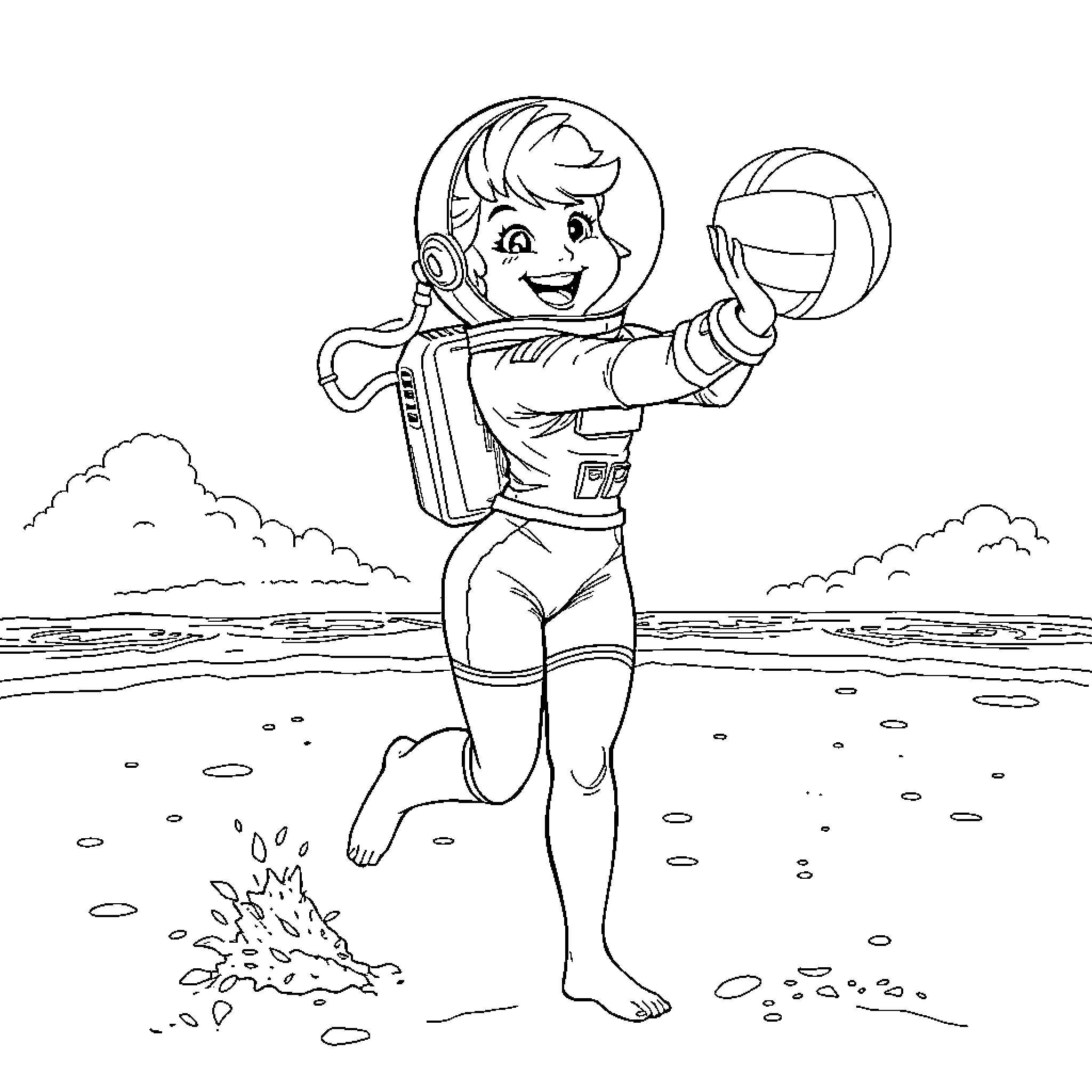 Sandy Cheeks playing with volleyball on the beach Coloring Page (free black-and-white line drawing printable PDF for all, from beginners to advanced learners, including children, teens, adults, and seniors)