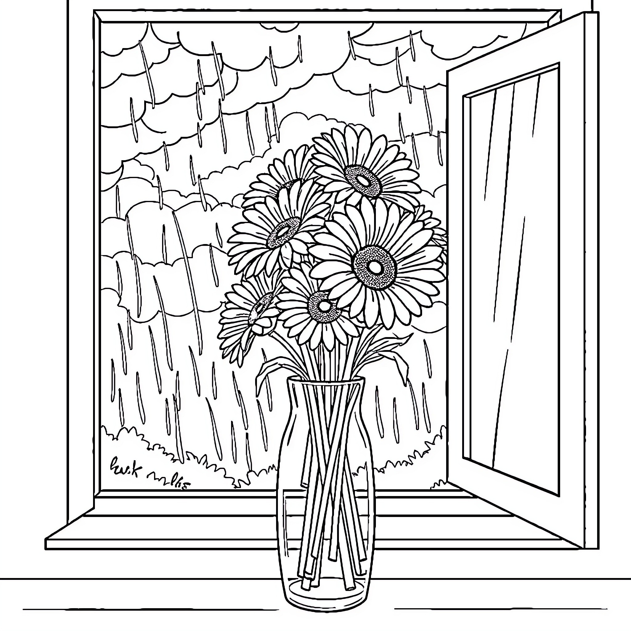 Gerbera Daisies in Rainy Window Scene Coloring Page (free black-and-white line drawing printable PDF for all, from beginners to advanced learners, including children, teens, adults, and seniors)