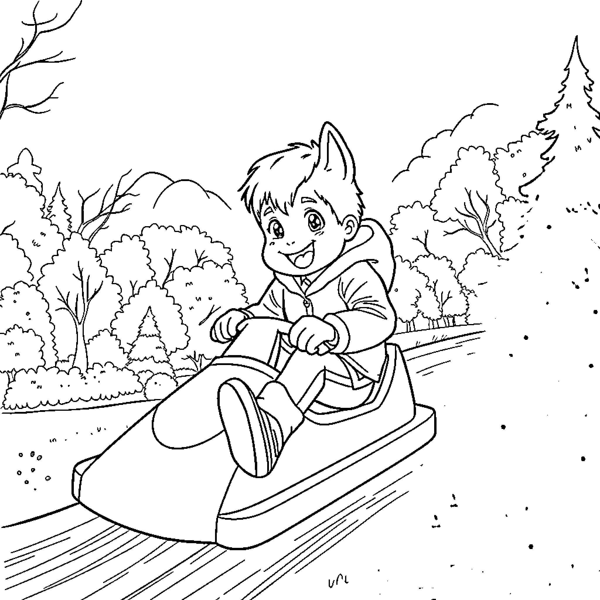 Niño riding a sled in a snowy forest Coloring Page (free black-and-white line drawing printable PDF for all, from beginners to advanced learners, including children, teens, adults, and seniors)