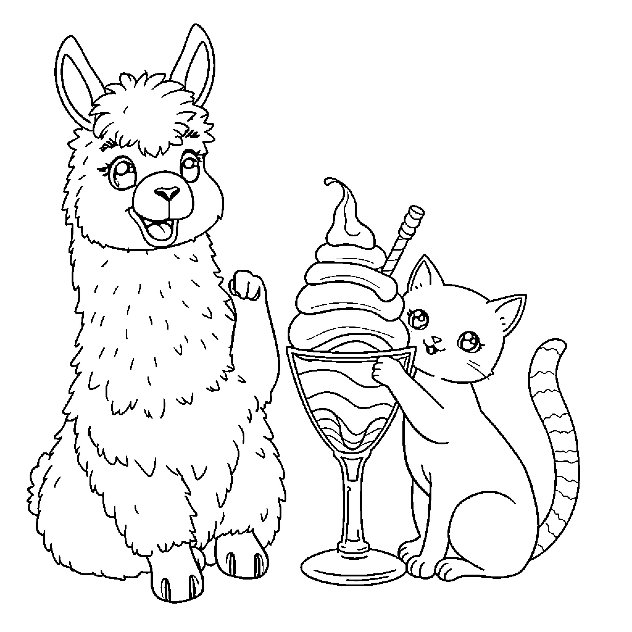 Llama and Cat Enjoying Sweets Together Coloring Page (free black-and-white line drawing printable PDF for all, from beginners to advanced learners, including children, teens, adults, and seniors)