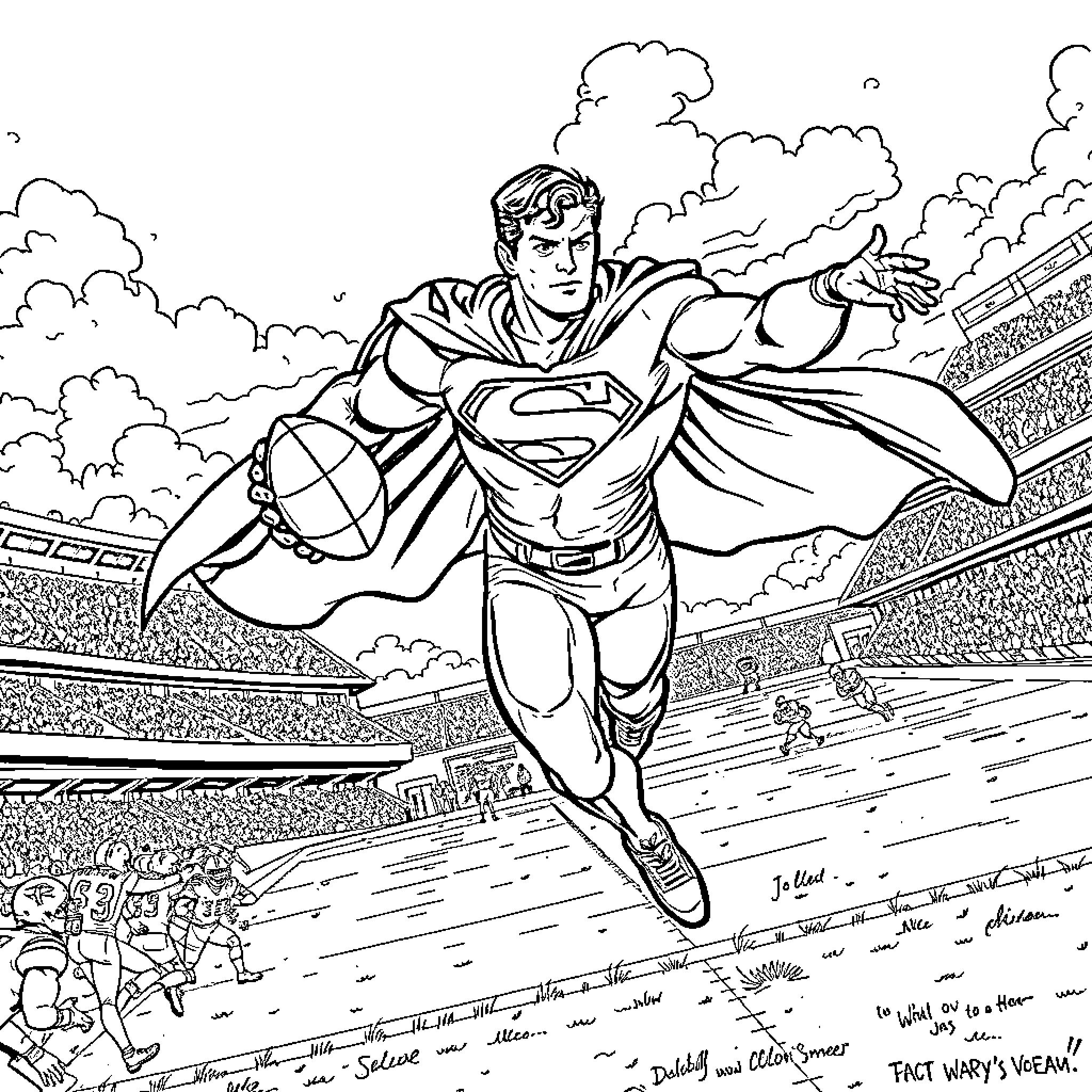 Superman soaring heroically over the stadium Coloring Page (free black-and-white line drawing printable PDF for all, from beginners to advanced learners, including children, teens, adults, and seniors)