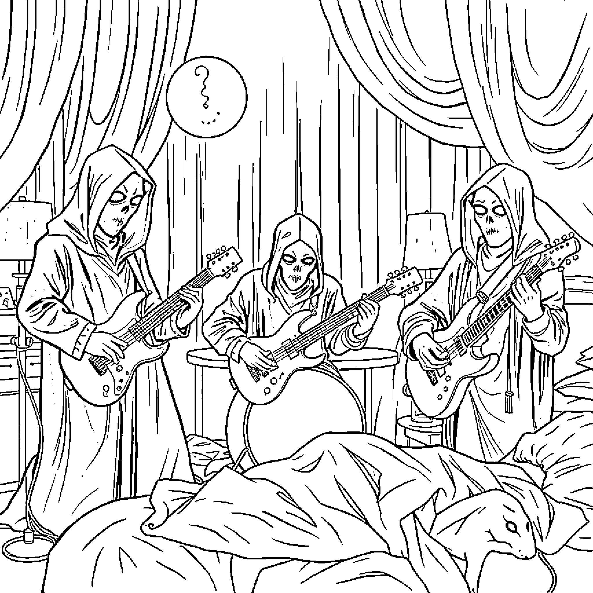 Sleep Token: Haunting Melodies in a Mysterious Realm Coloring Page (free black-and-white line drawing printable PDF for all, from beginners to advanced learners, including children, teens, adults, and seniors)