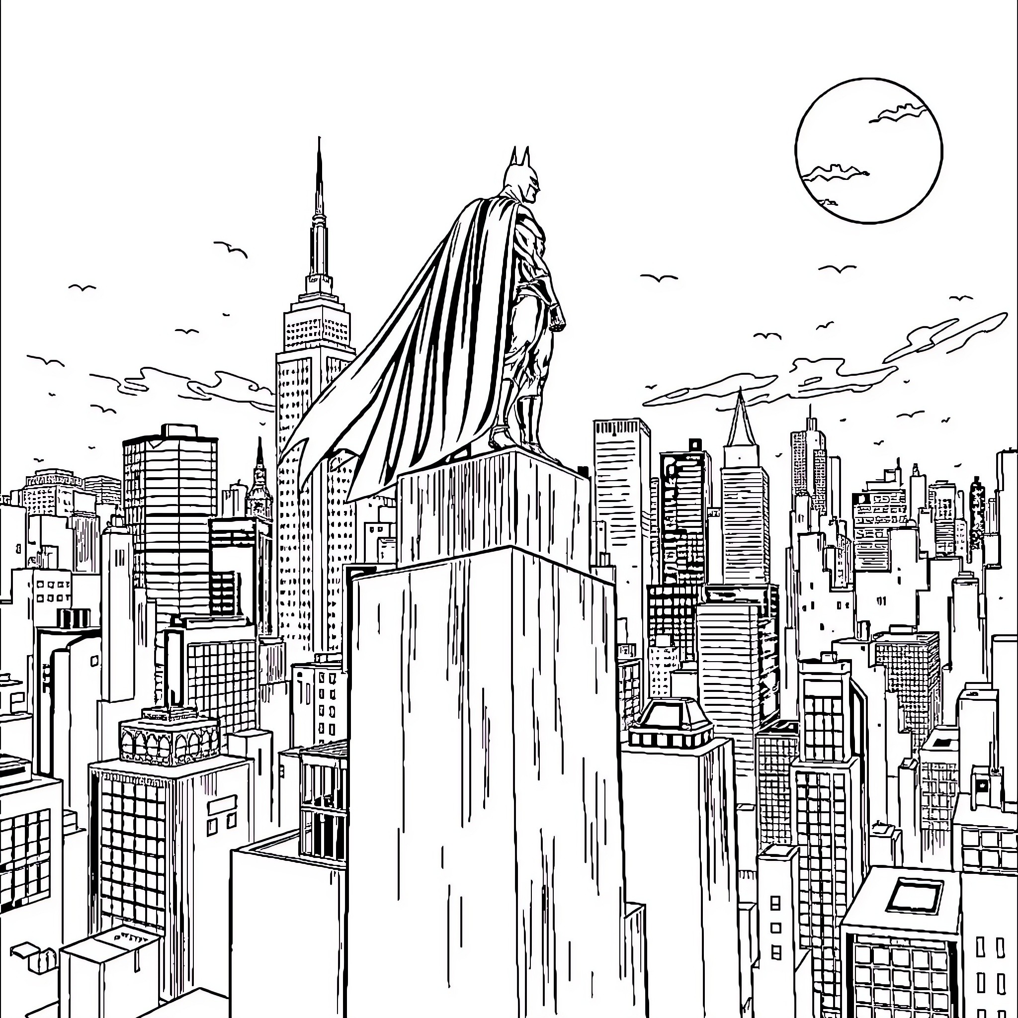 Batman overlooking the Gotham City skyline Coloring Page (free black-and-white line drawing printable PDF for all, from beginners to advanced learners, including children, teens, adults, and seniors)