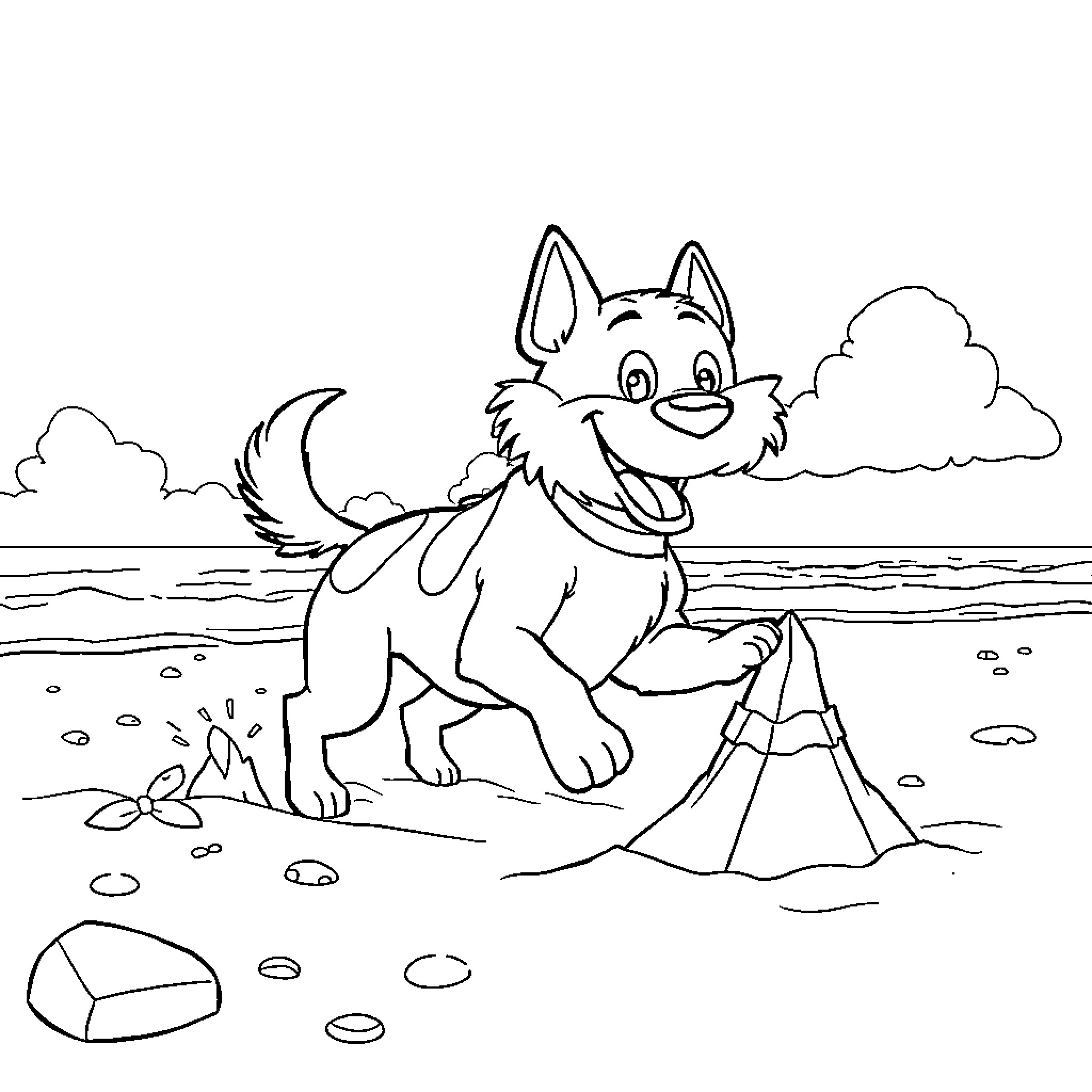 Paw Patrol character playing on the beach Coloring Page (free black-and-white line drawing printable PDF for all, from beginners to advanced learners, including children, teens, adults, and seniors)