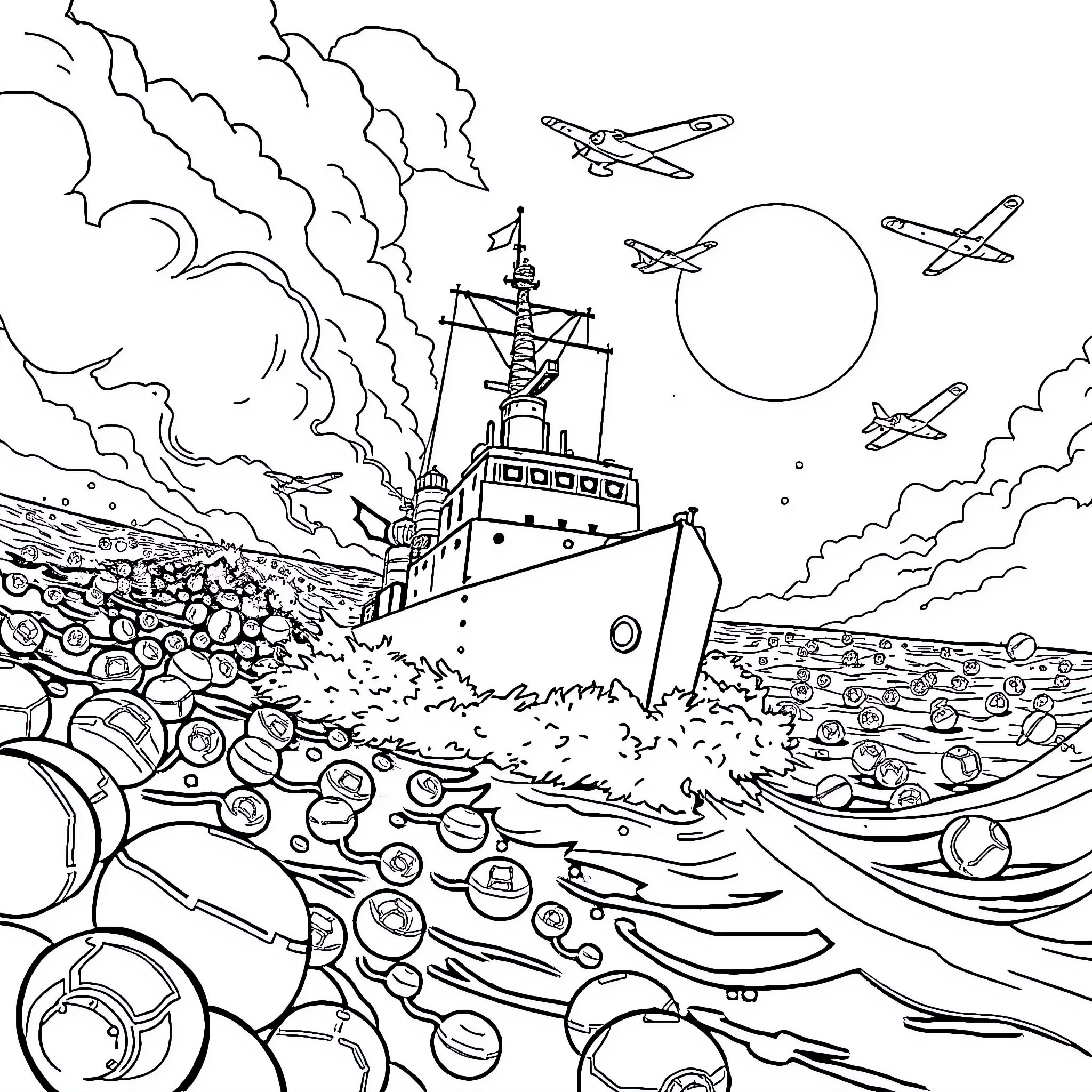 Minesweeper game with airplanes and naval ship in a stormy sea Coloring Page (free black-and-white line drawing printable PDF for all, from beginners to advanced learners, including children, teens, adults, and seniors)