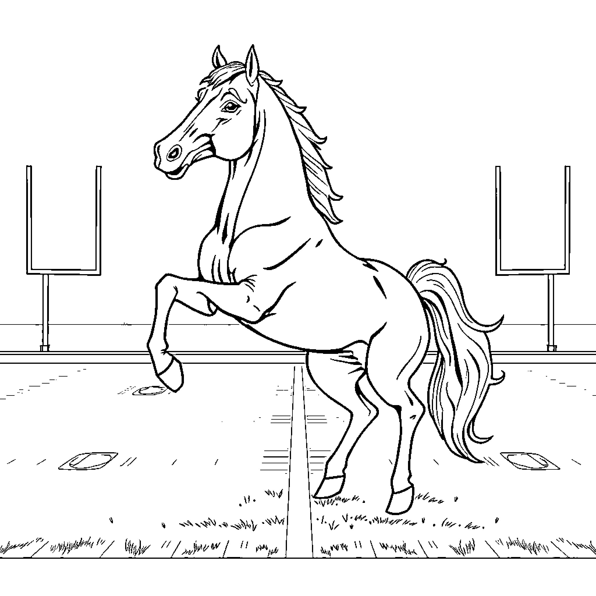 Mustang horse galloping gracefully in an arena Coloring Page (free black-and-white line drawing printable PDF for all, from beginners to advanced learners, including children, teens, adults, and seniors)