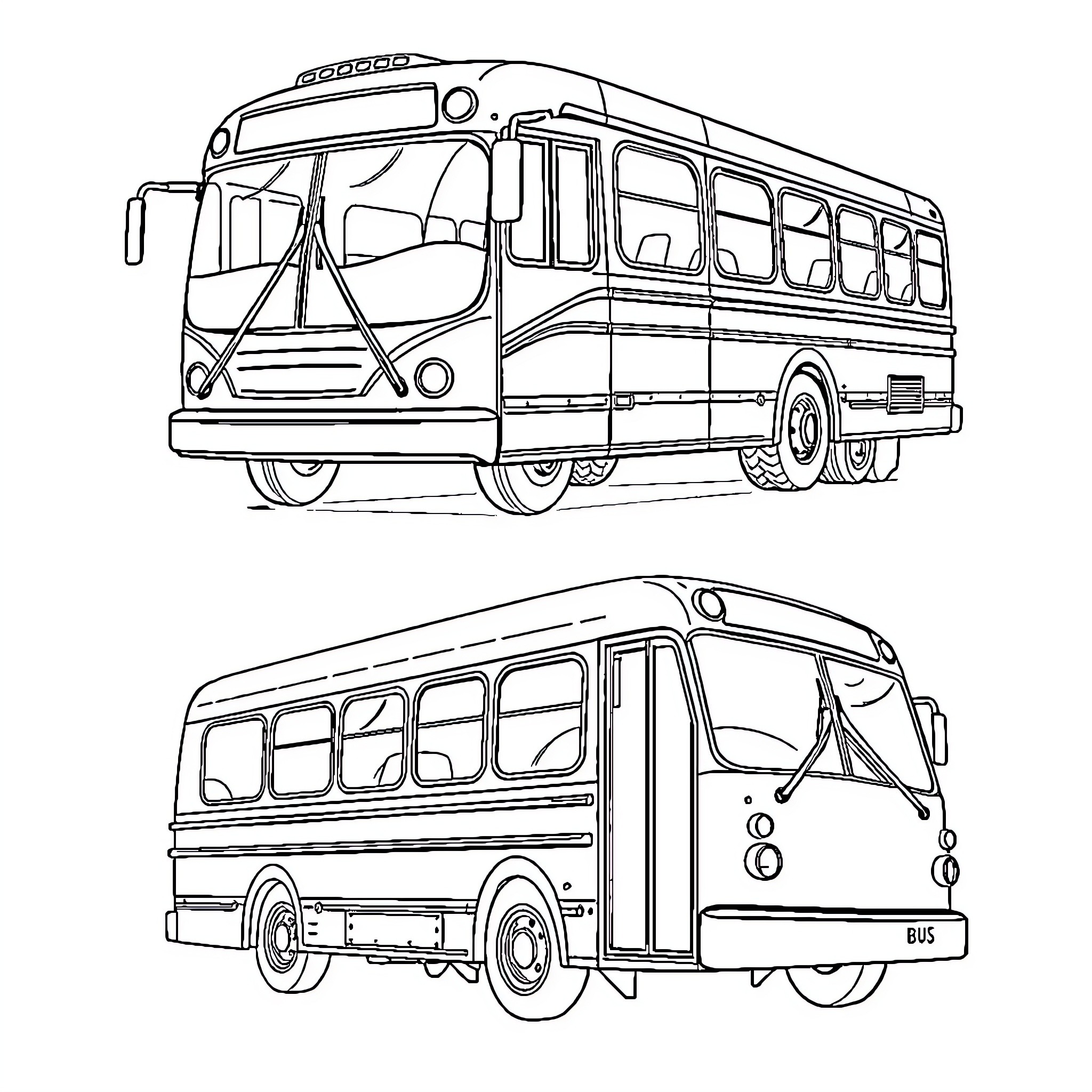 Bus Illustrations Depicting Various Bus Designs Coloring Page (free black-and-white line drawing printable PDF for all, from beginners to advanced learners, including children, teens, adults, and seniors)
