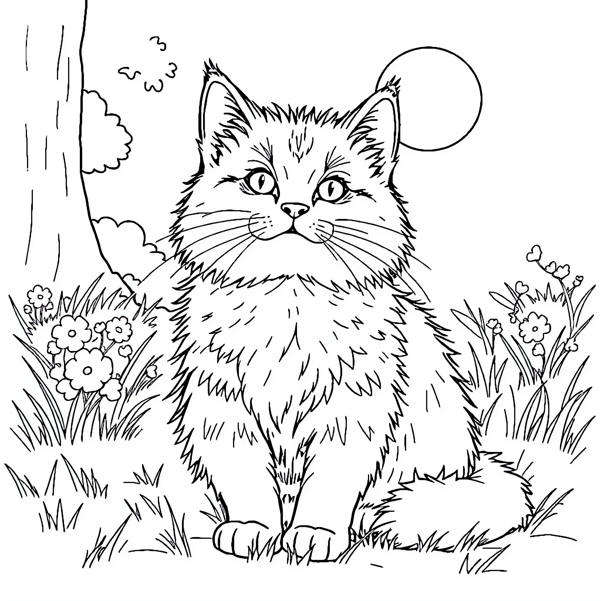 Cat in a Flowery Meadow Coloring Page (free black-and-white line drawing printable PDF for all, from beginners to advanced learners, including children, teens, adults, and seniors)