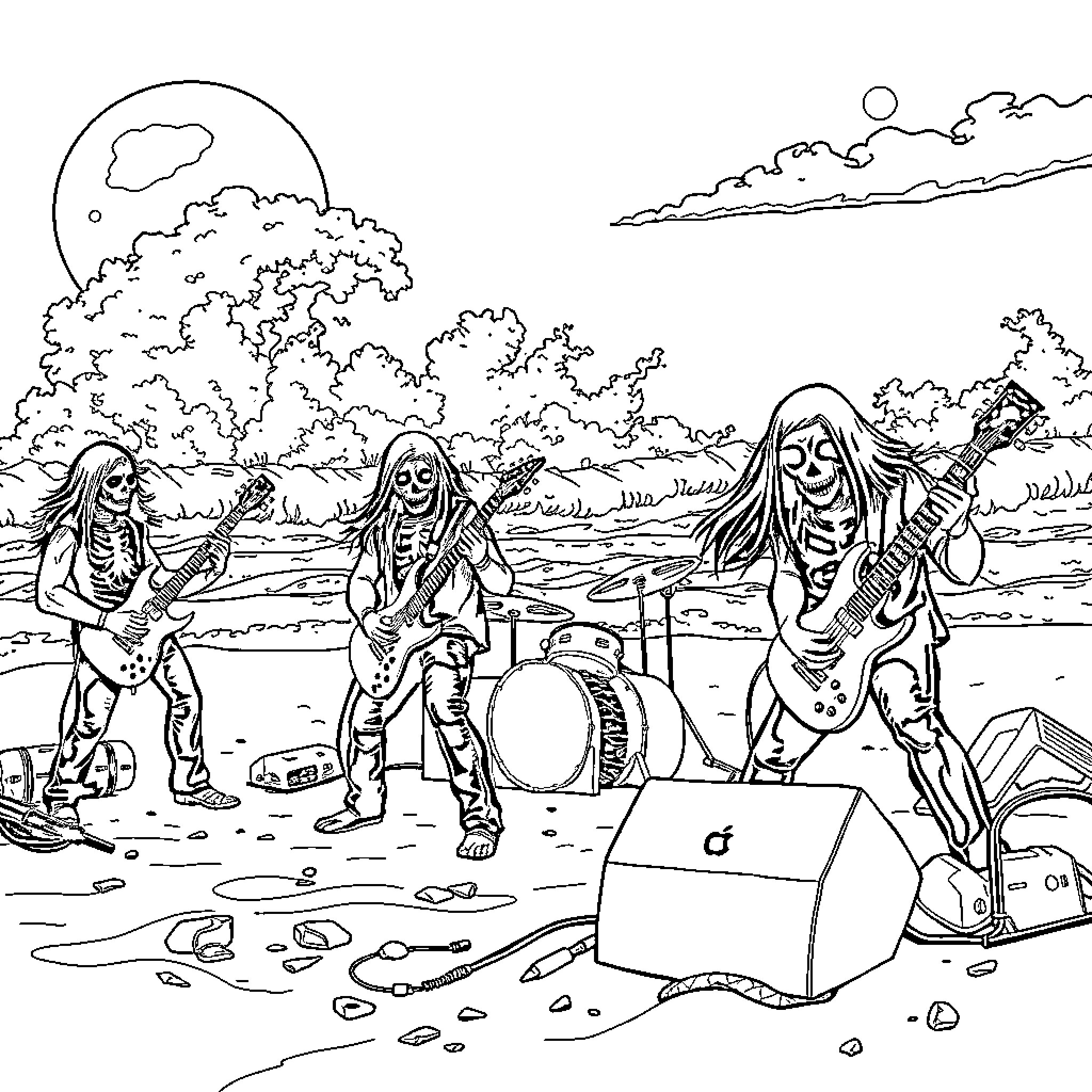 Band members performing on a beach Coloring Page (free black-and-white line drawing printable PDF for all, from beginners to advanced learners, including children, teens, adults, and seniors)