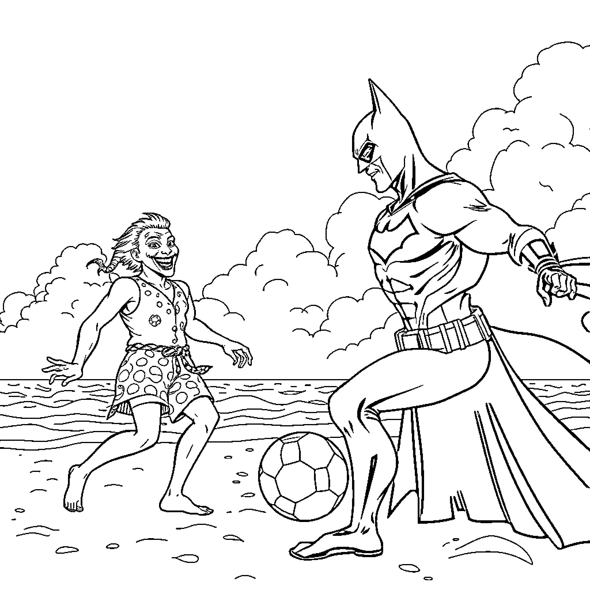 Batman confronting a criminal on the beach Coloring Page (free black-and-white line drawing printable PDF for all, from beginners to advanced learners, including children, teens, adults, and seniors)