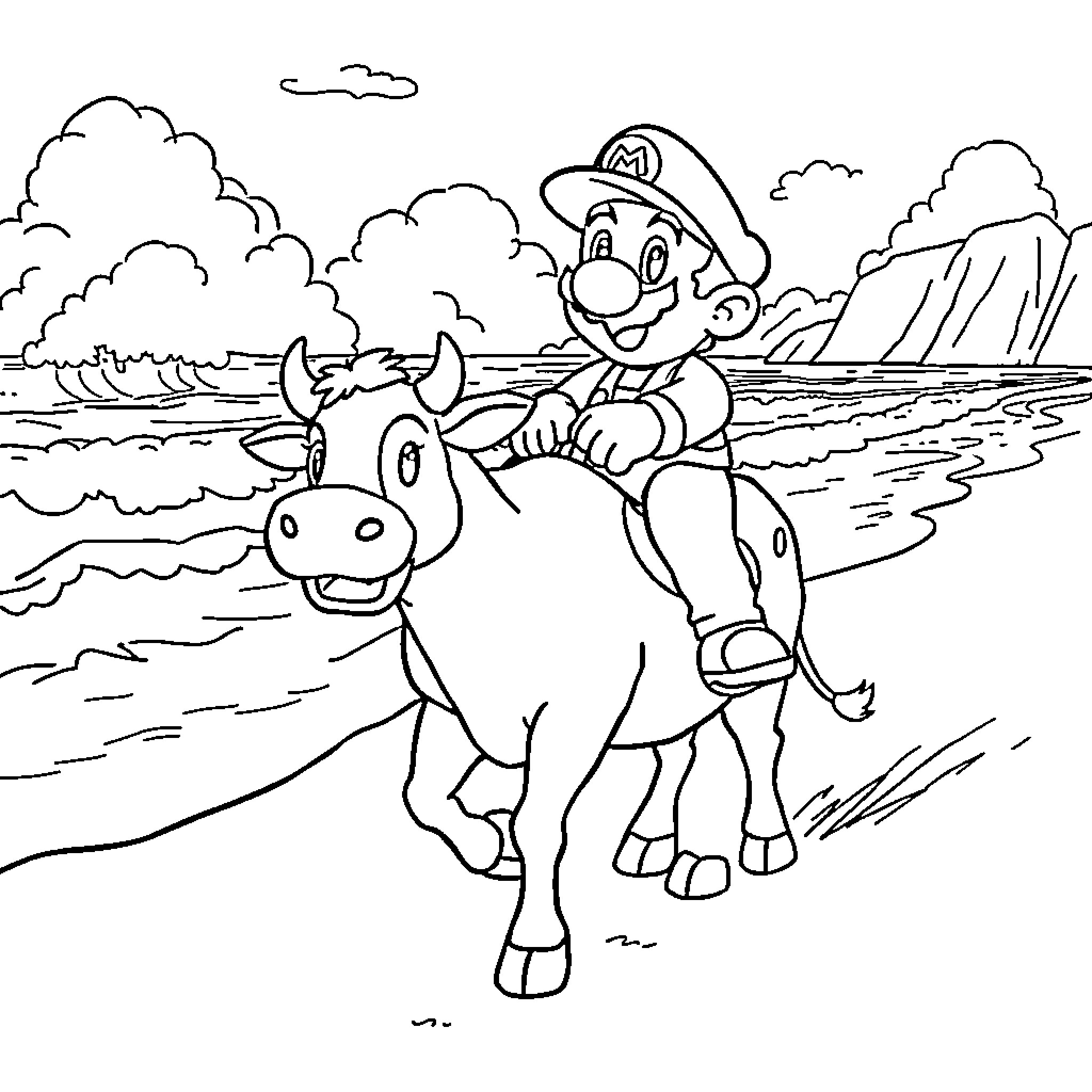 Super Mario riding a cow on the beach Coloring Page (free black-and-white line drawing printable PDF for all, from beginners to advanced learners, including children, teens, adults, and seniors)