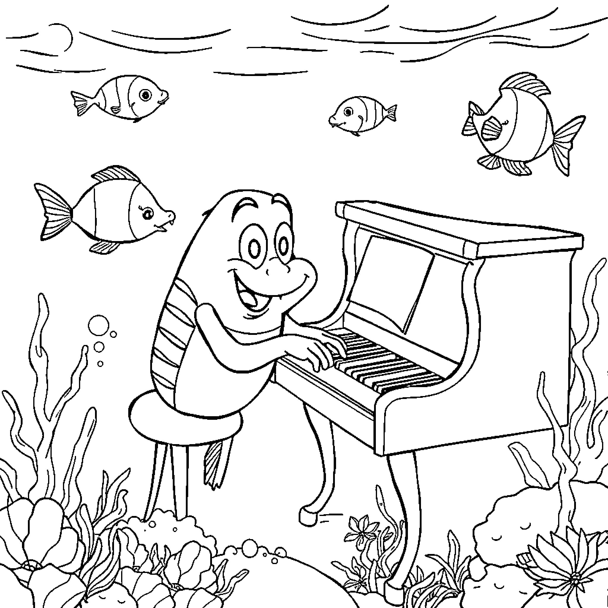 Spongebob playing piano in the underwater ocean Coloring Page (free black-and-white line drawing printable PDF for all, from beginners to advanced learners, including children, teens, adults, and seniors)