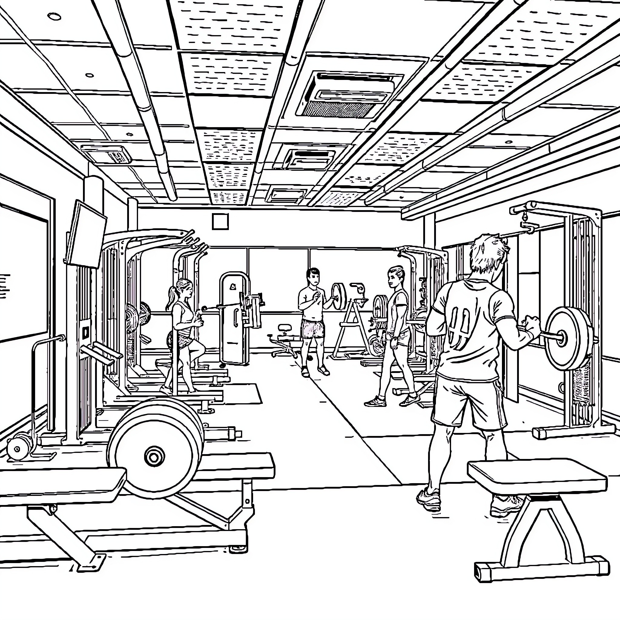 Gymnasts training in a modern fitness facility Coloring Page (free black-and-white line drawing printable PDF for all, from beginners to advanced learners, including children, teens, adults, and seniors)