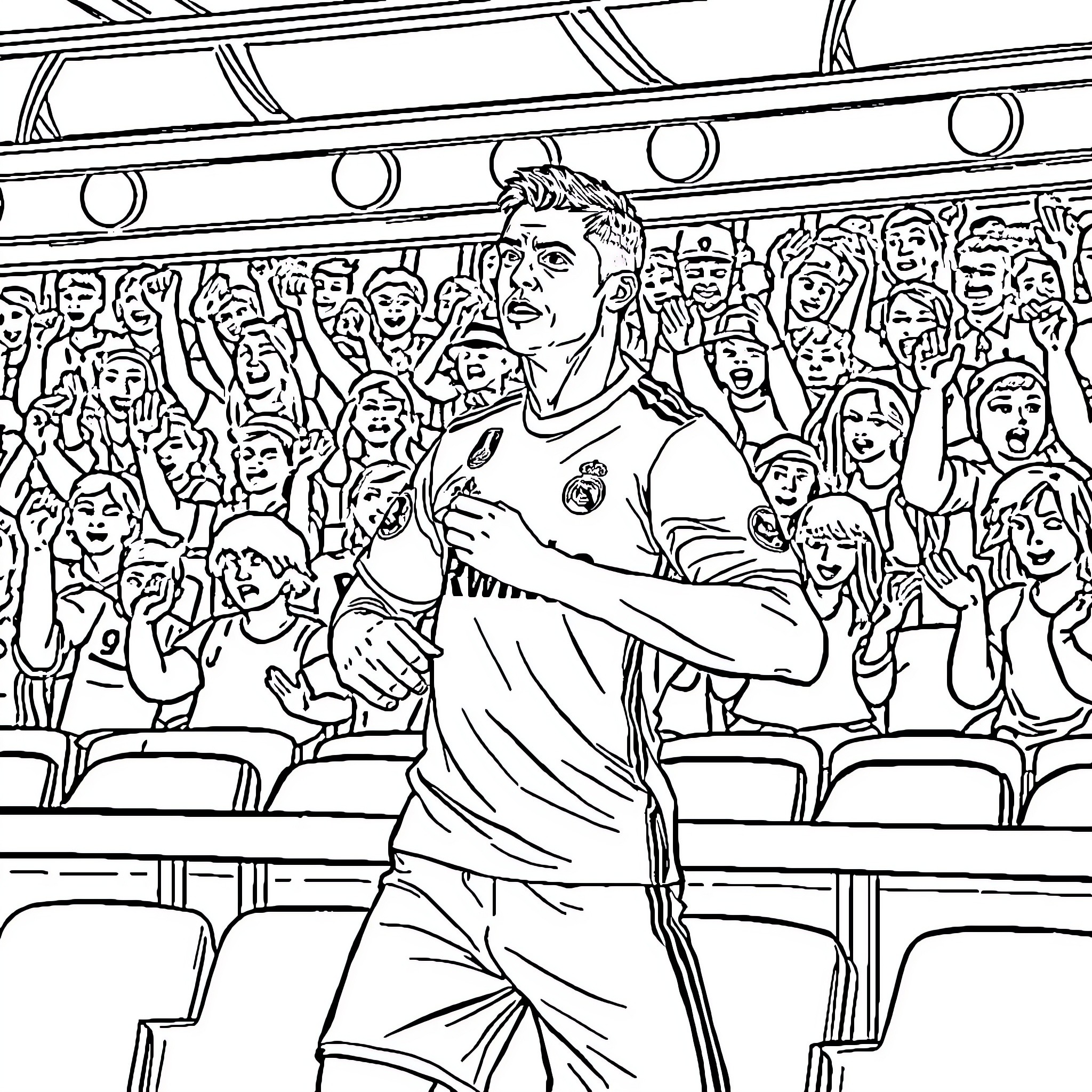 Cristiano Ronaldo celebrating with fans in the stadium Coloring Page (free black-and-white line drawing printable PDF for all, from beginners to advanced learners, including children, teens, adults, and seniors)