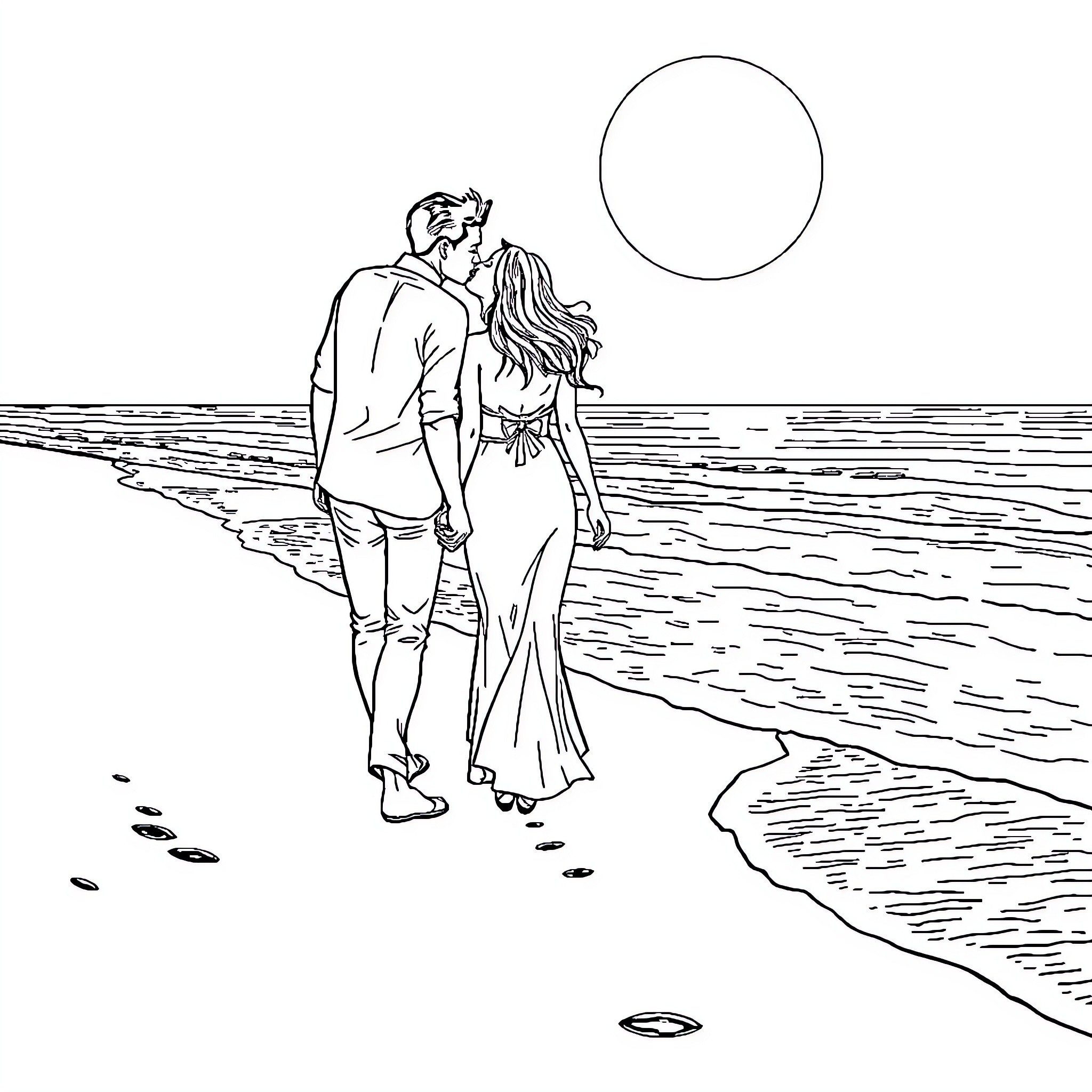 Beach couple strolling together on the shore Coloring Page (free black-and-white line drawing printable PDF for all, from beginners to advanced learners, including children, teens, adults, and seniors)