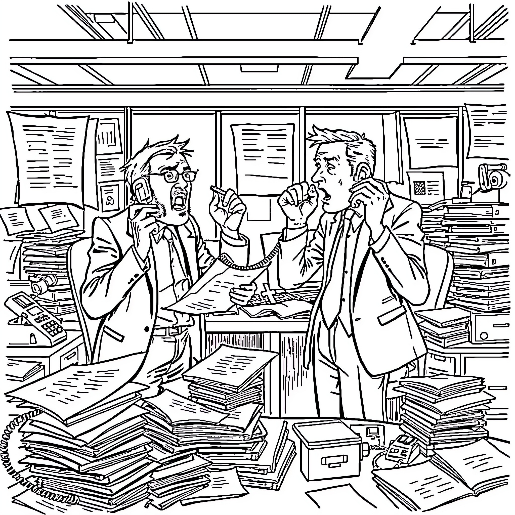 Journalist arguing intensely in cluttered newsroom Coloring Page (free black-and-white line drawing printable PDF for all, from beginners to advanced learners, including children, teens, adults, and seniors)