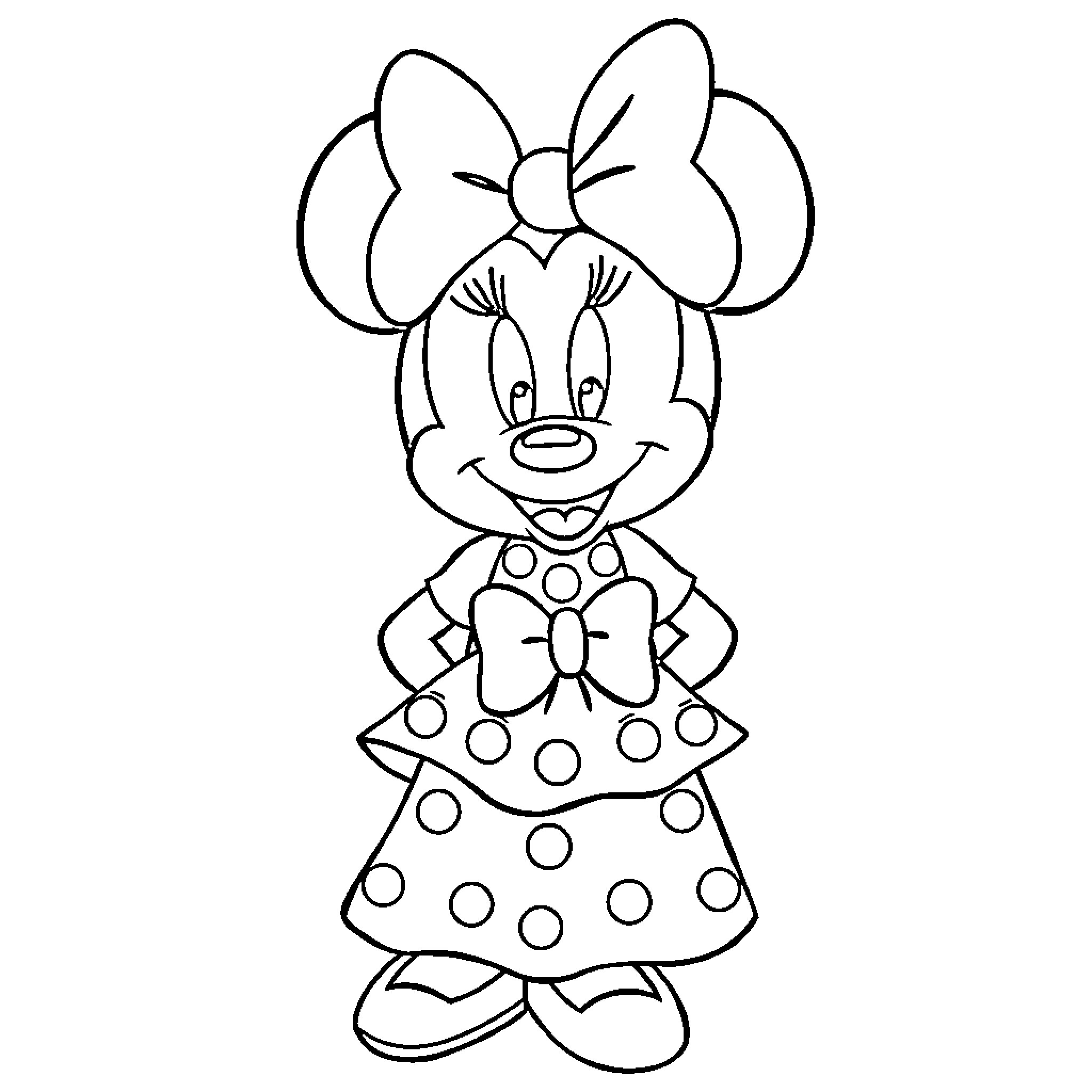 Mini Mouse in Polka Dot Dress Smiling Coloring Page (free black-and-white line drawing printable PDF for all, from beginners to advanced learners, including children, teens, adults, and seniors)