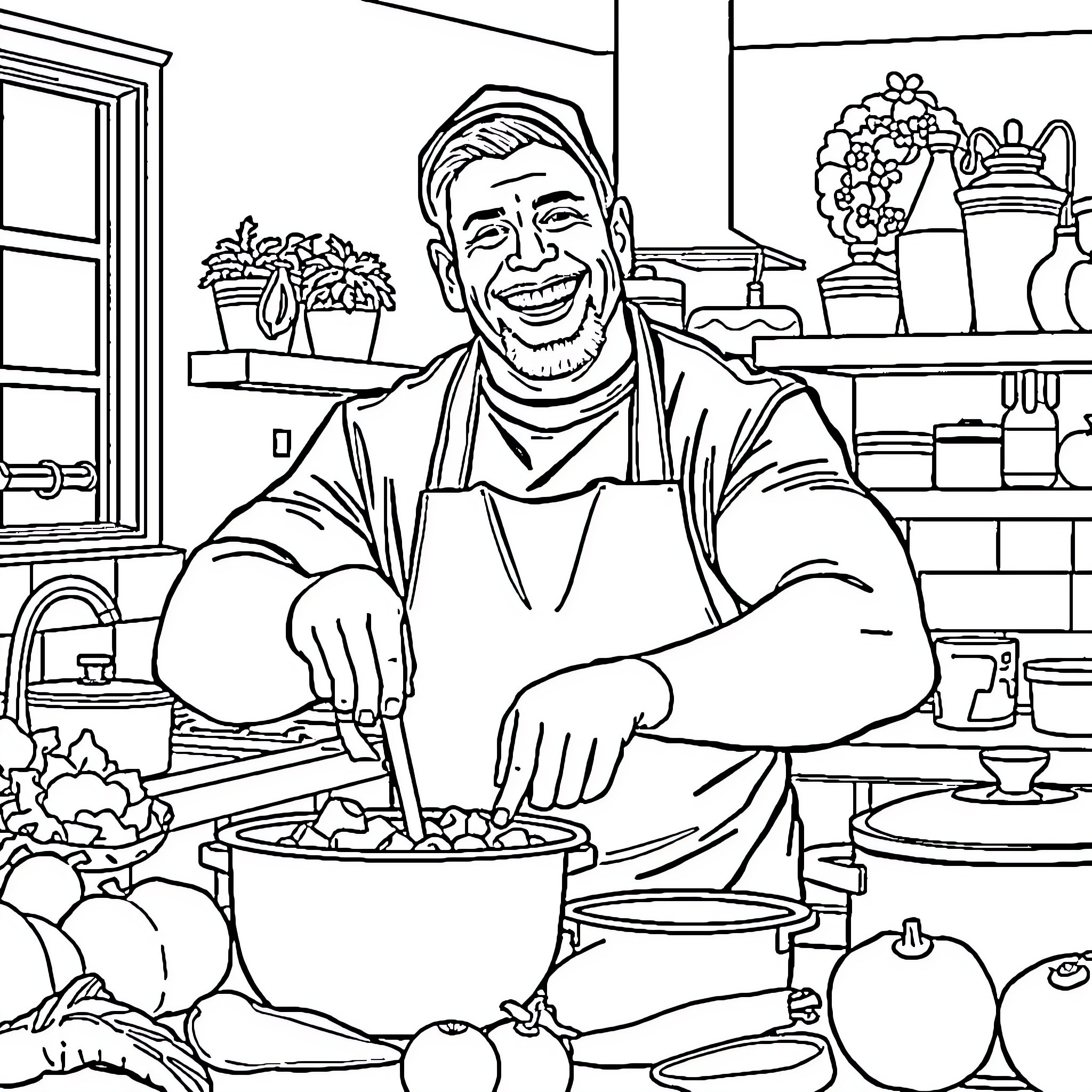 John Cena Cooking Delightful Meal in the Kitchen Coloring Page (free black-and-white line drawing printable PDF for all, from beginners to advanced learners, including children, teens, adults, and seniors)
