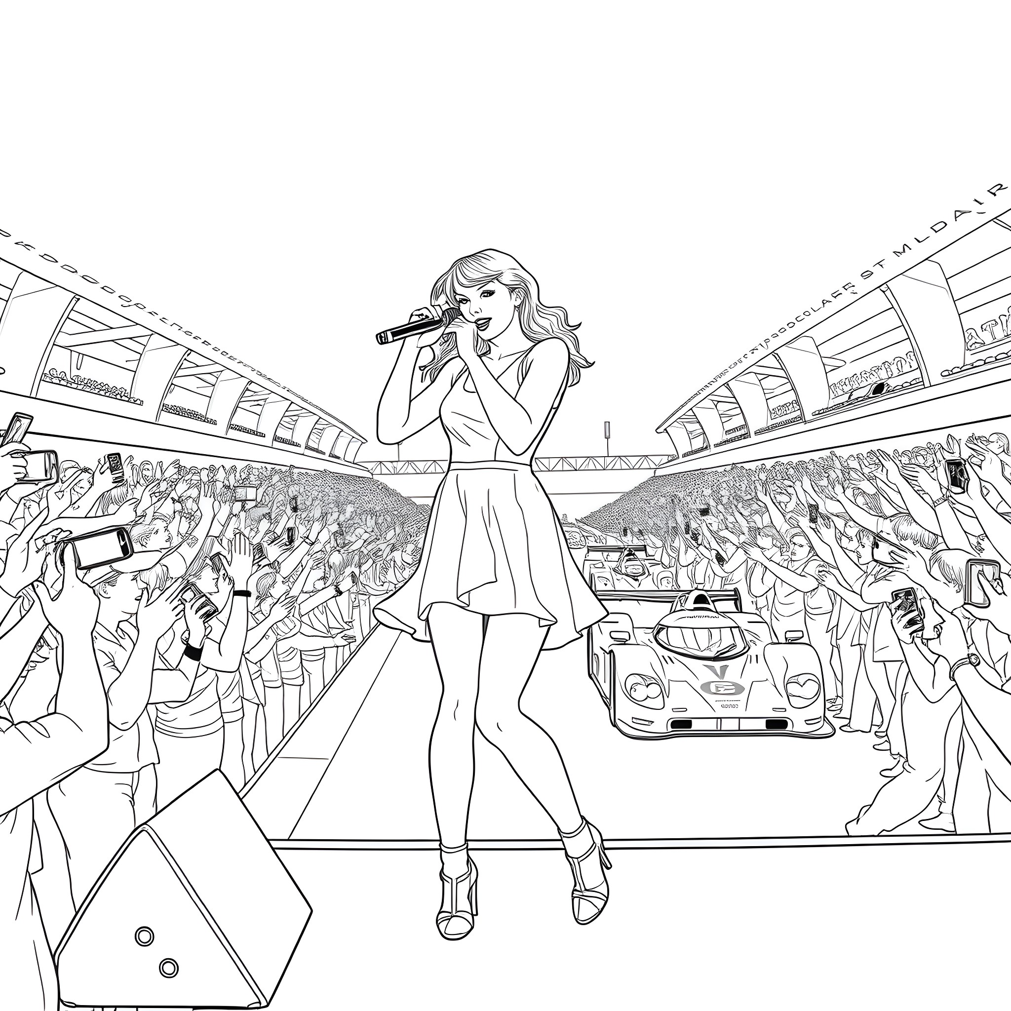 Taylor Swift Performing on Stage for Adoring Fans Coloring Page (free black-and-white line drawing printable PDF for all, from beginners to advanced learners, including children, teens, adults, and seniors)