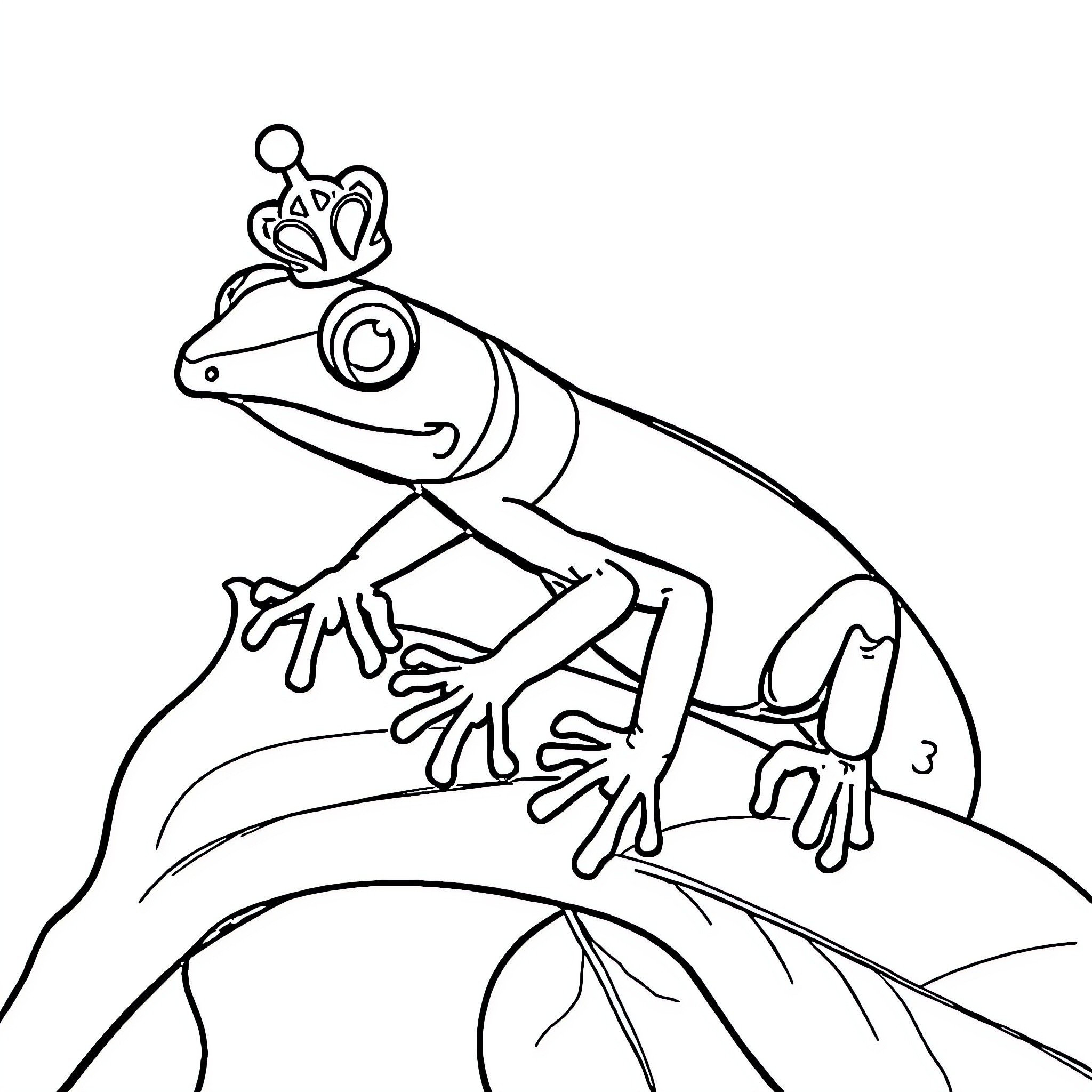 Frog with a crown perching on a branch Coloring Page (free black-and-white line drawing printable PDF for all, from beginners to advanced learners, including children, teens, adults, and seniors)