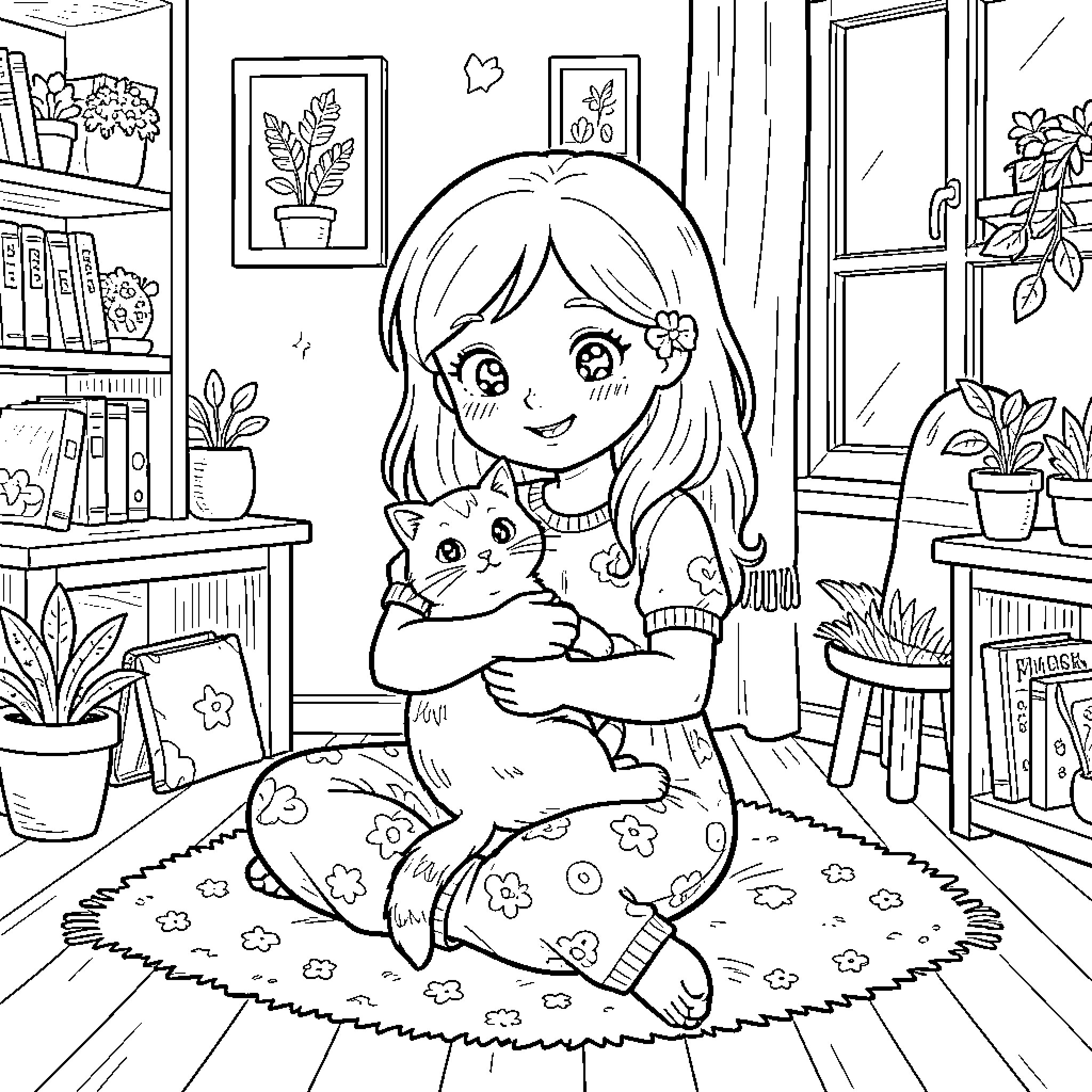 Girl sitting on the floor hugging a cute kitten Coloring Page (free black-and-white line drawing printable PDF for all, from beginners to advanced learners, including children, teens, adults, and seniors)