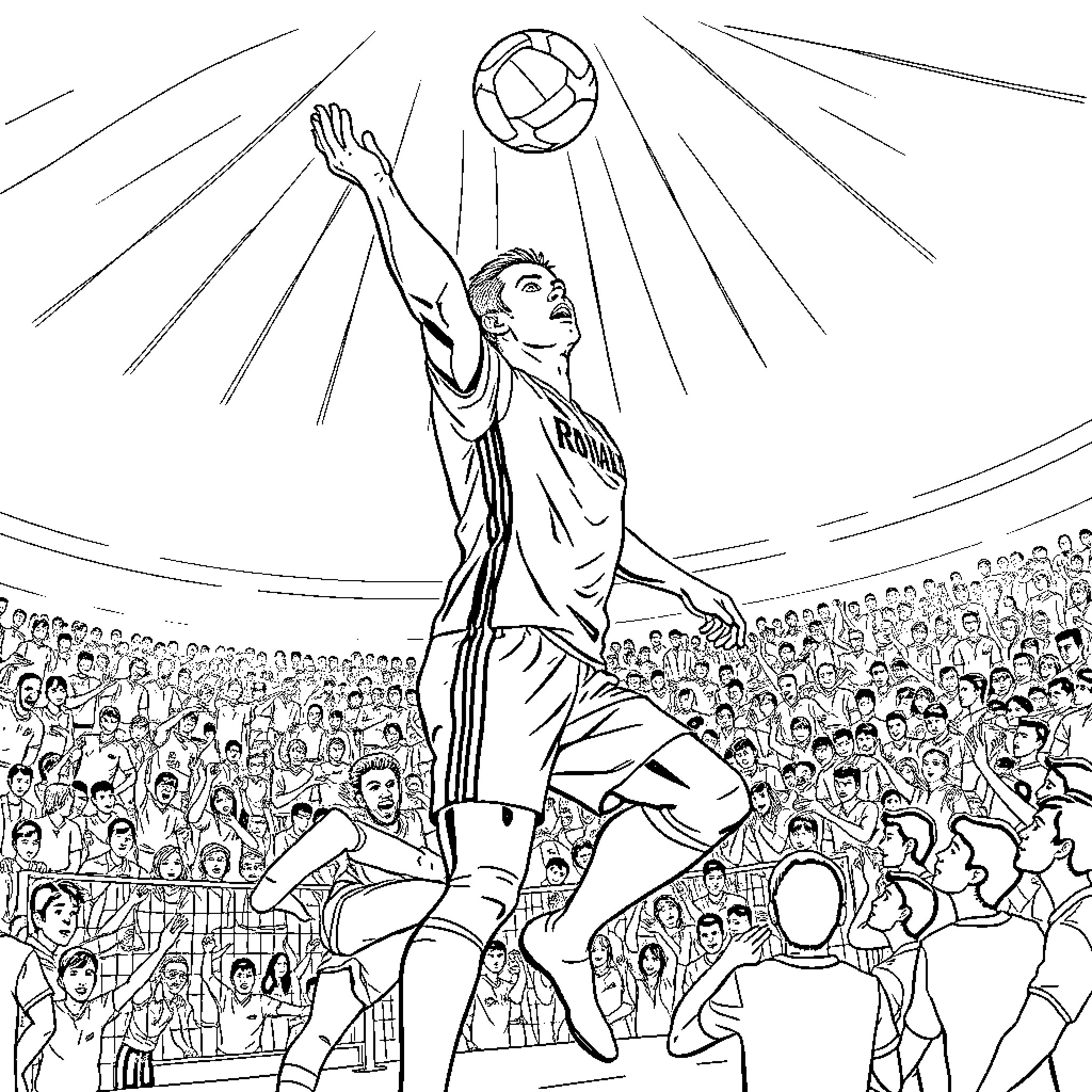 Cristiano Ronaldo's Iconic Volleyball Leap in a Packed Stadium Coloring Page (free black-and-white line drawing printable PDF for all, from beginners to advanced learners, including children, teens, adults, and seniors)