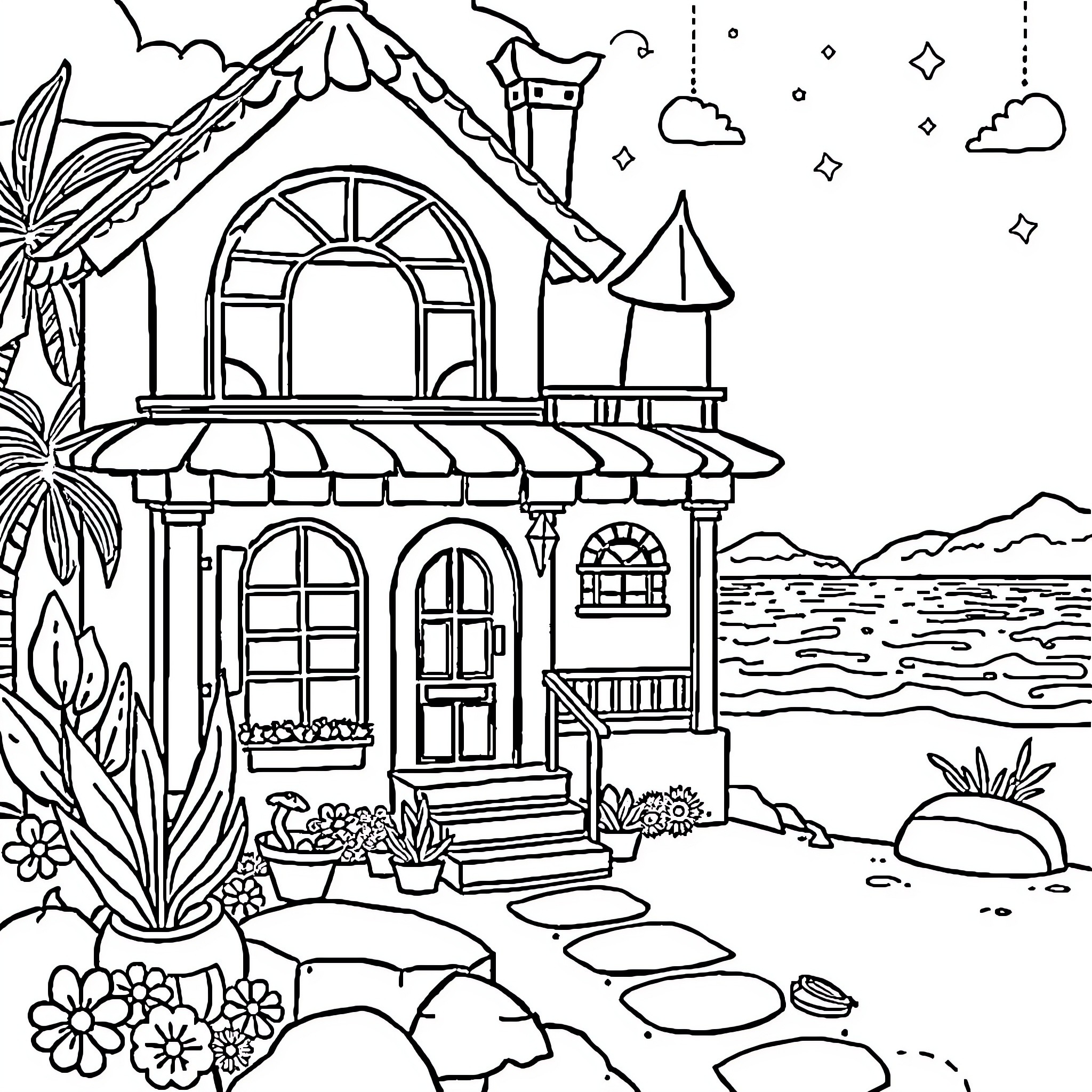 Gabby's Magical Cottage in the Garden Coloring Page (free black-and-white line drawing printable PDF for all, from beginners to advanced learners, including children, teens, adults, and seniors)