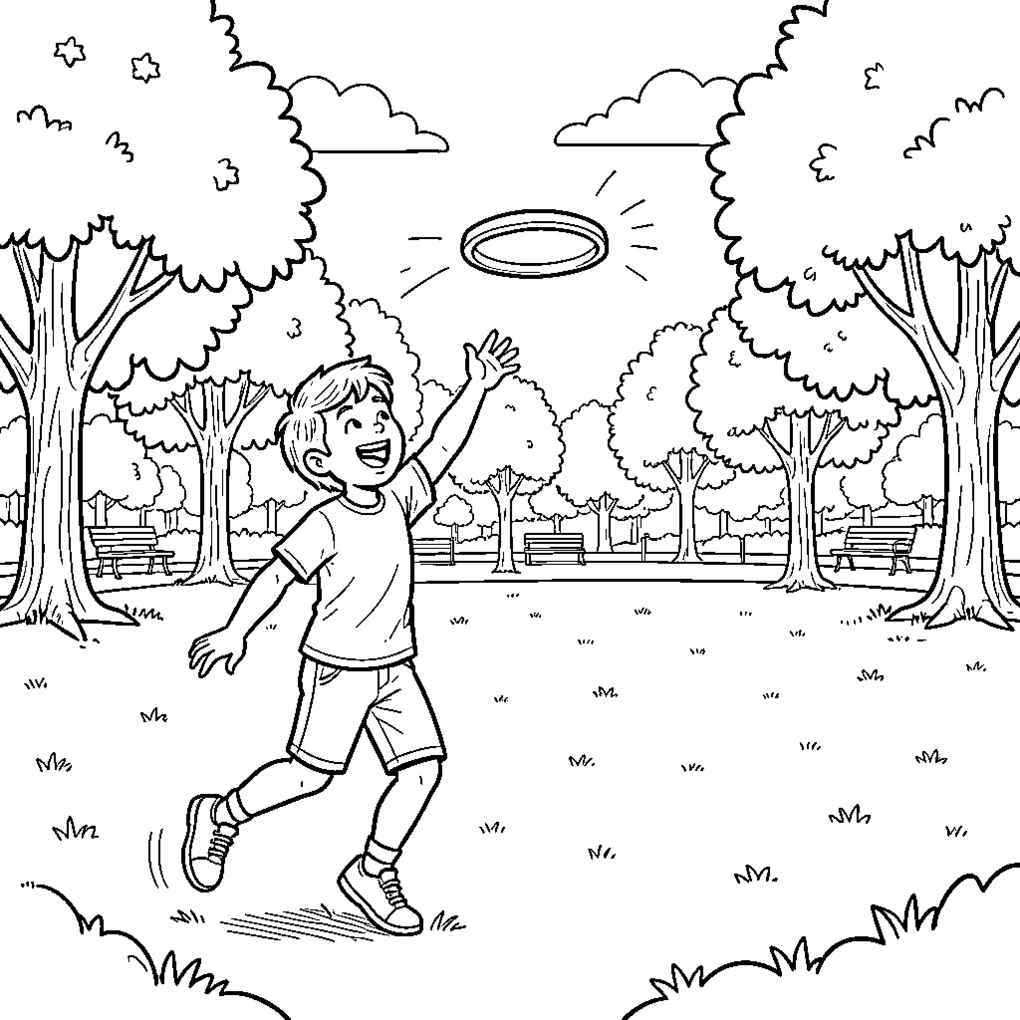 Original boy throwing a ring in a park Coloring Page (free black-and-white line drawing printable PDF for all, from beginners to advanced learners, including children, teens, adults, and seniors)